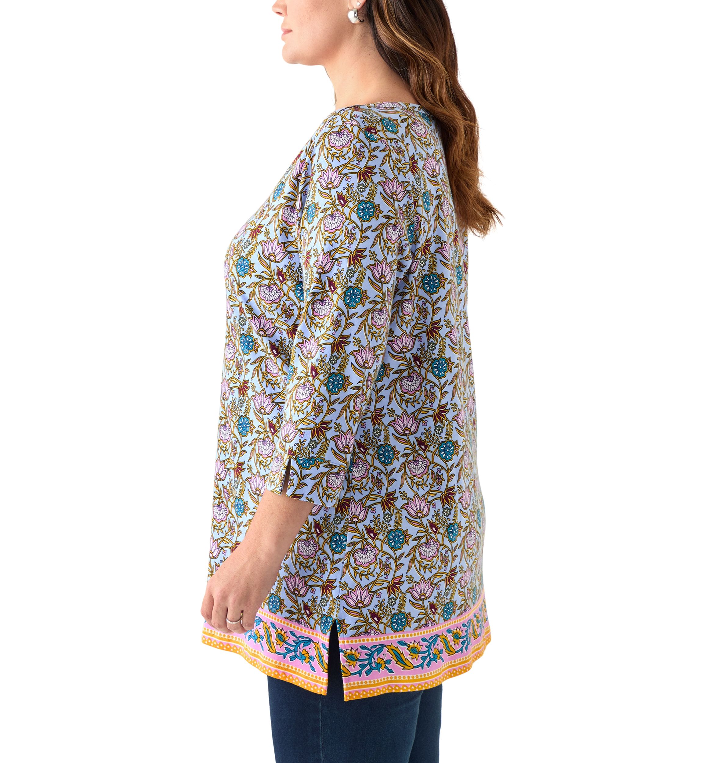 Three-Quarter Sleeve Bateu Tunic Border Printed Top