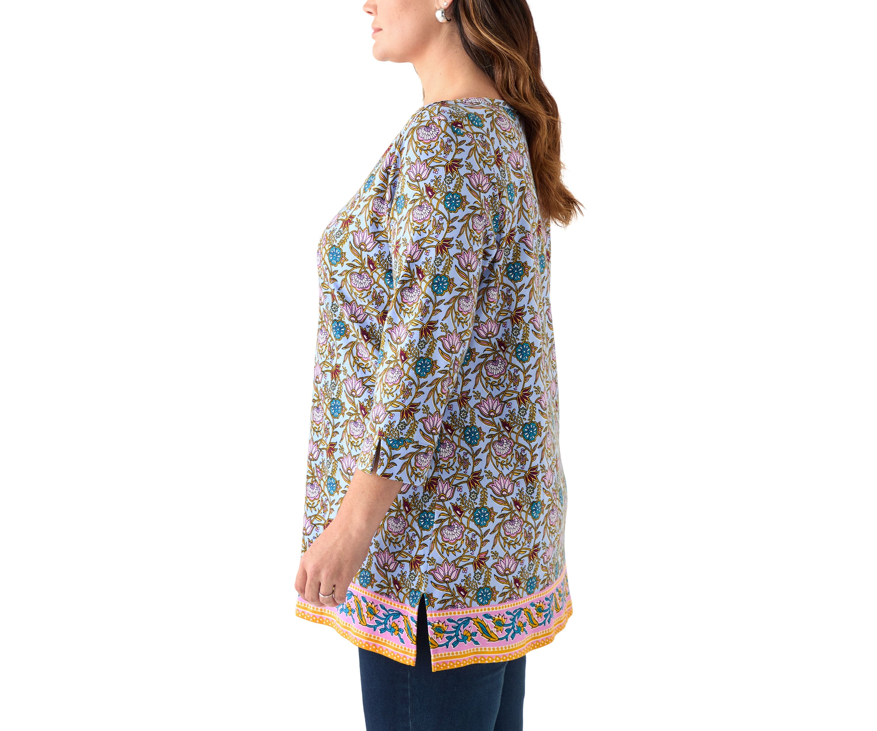 Three-Quarter Sleeve Bateu Tunic Border Printed Top