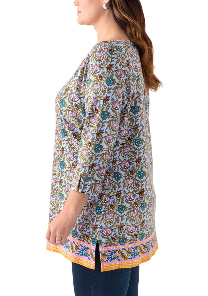 Three-Quarter Sleeve Bateu Tunic Border Printed Top