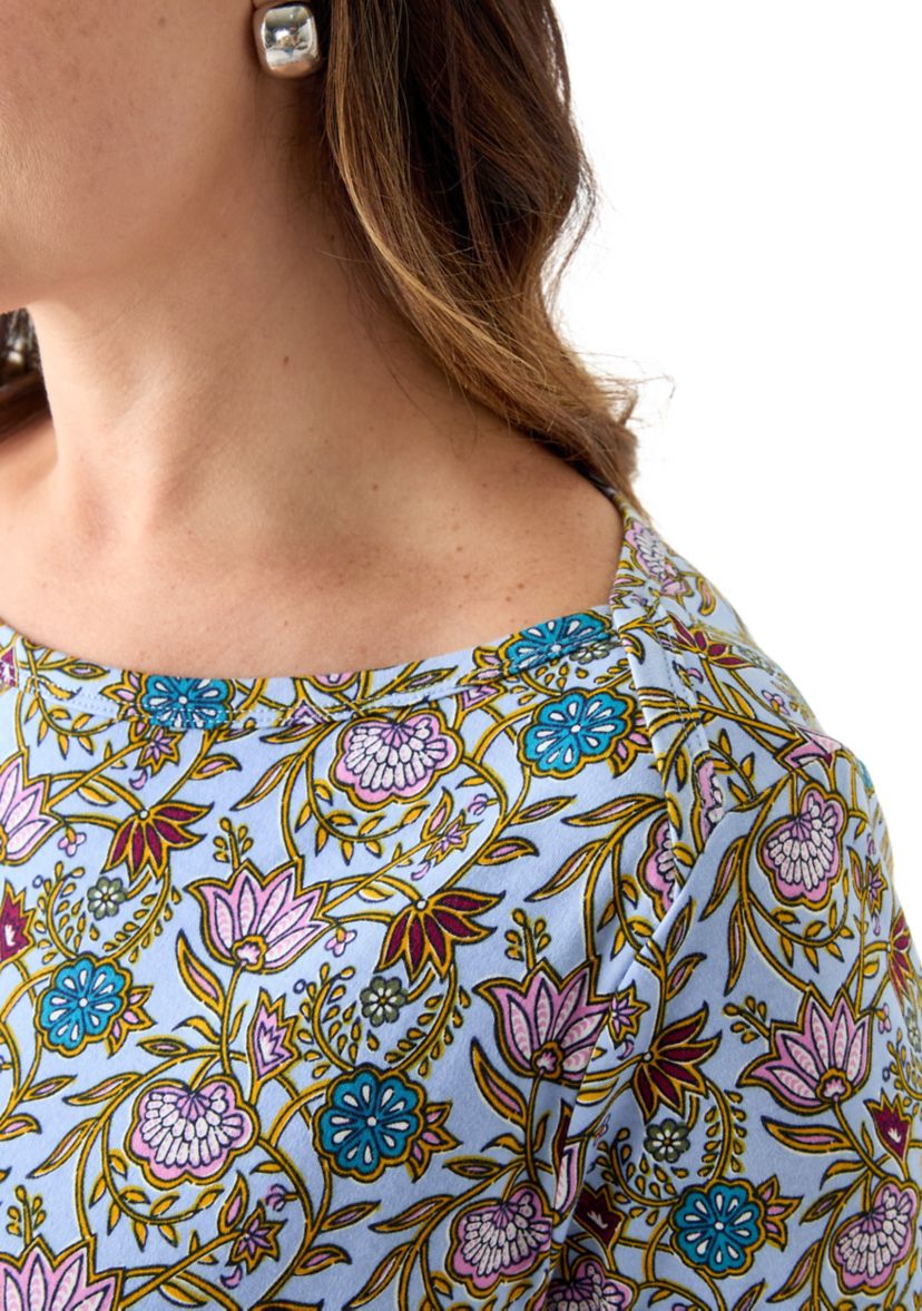 Three-Quarter Sleeve Bateu Tunic Border Printed Top