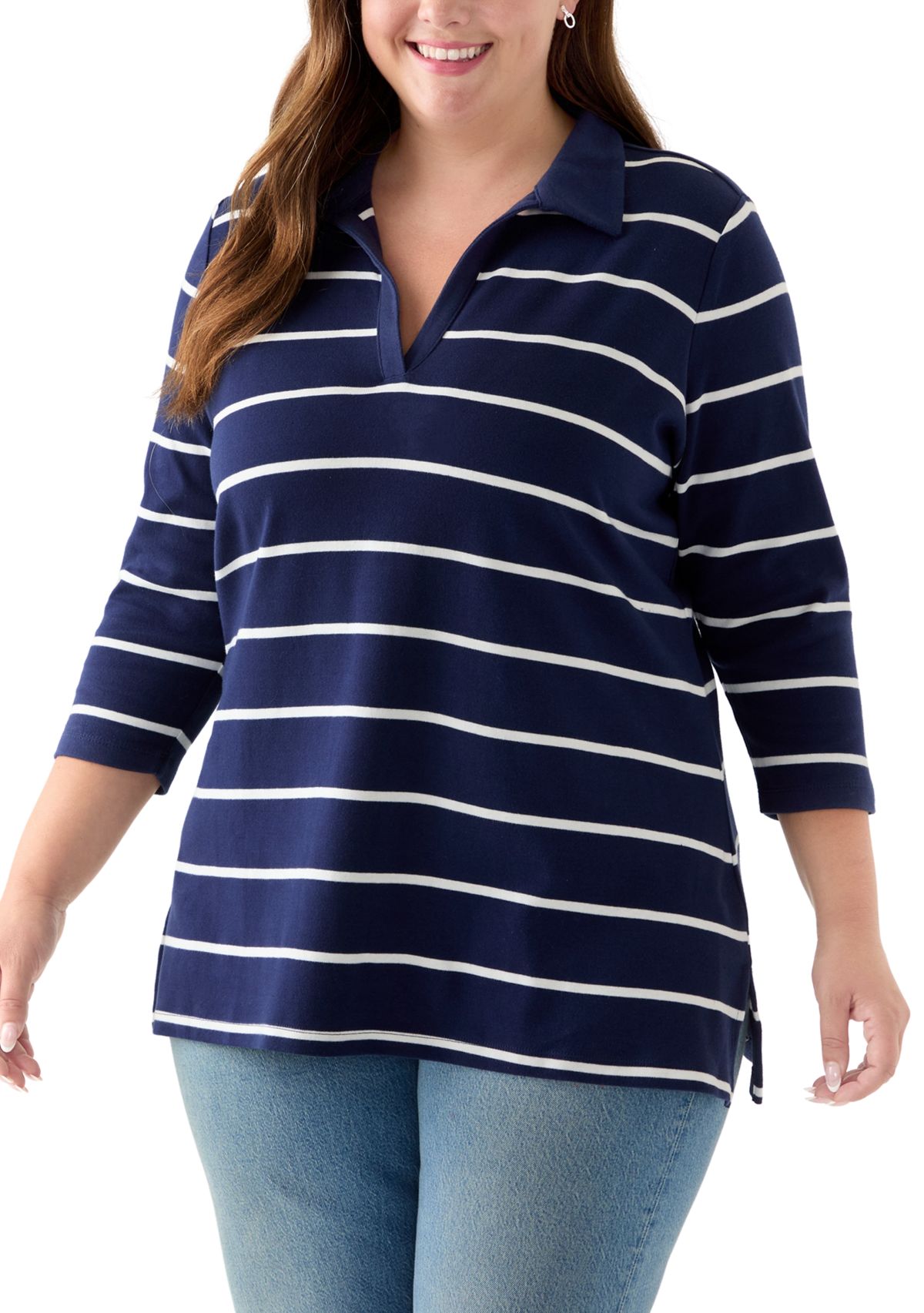 Plus Size 3/4 Sleeve Polo Yarn Dyed Stripe Tunic Shirt