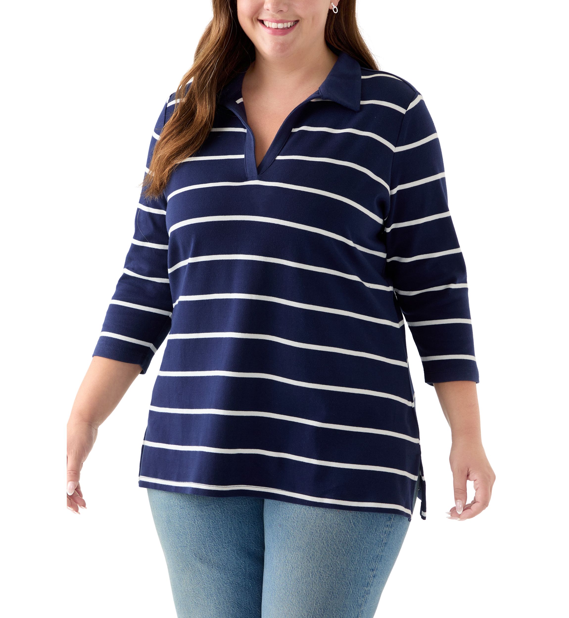 Plus Size 3/4 Sleeve Polo Yarn Dyed Stripe Tunic Shirt