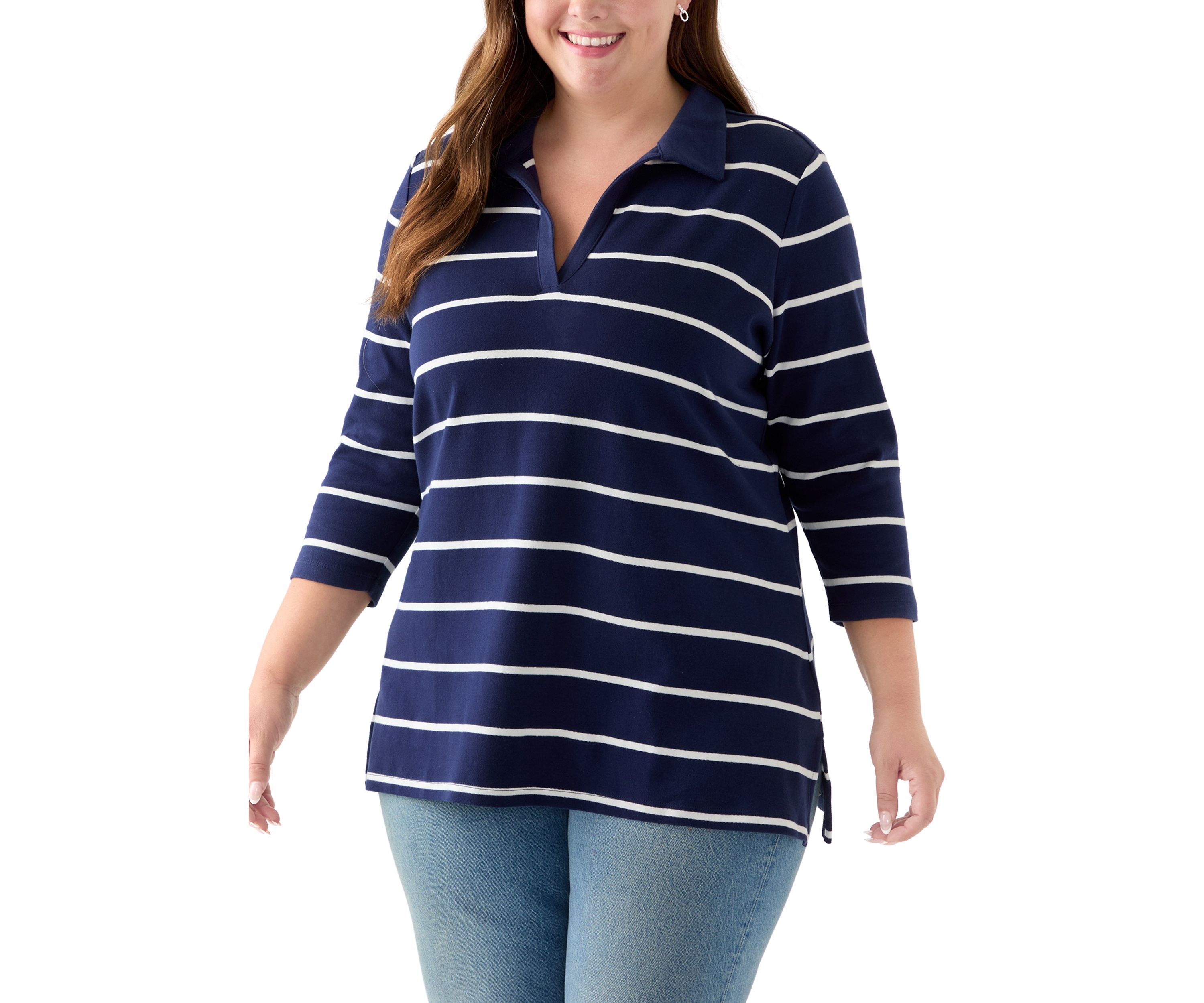 Plus Size 3/4 Sleeve Polo Yarn Dyed Stripe Tunic Shirt
