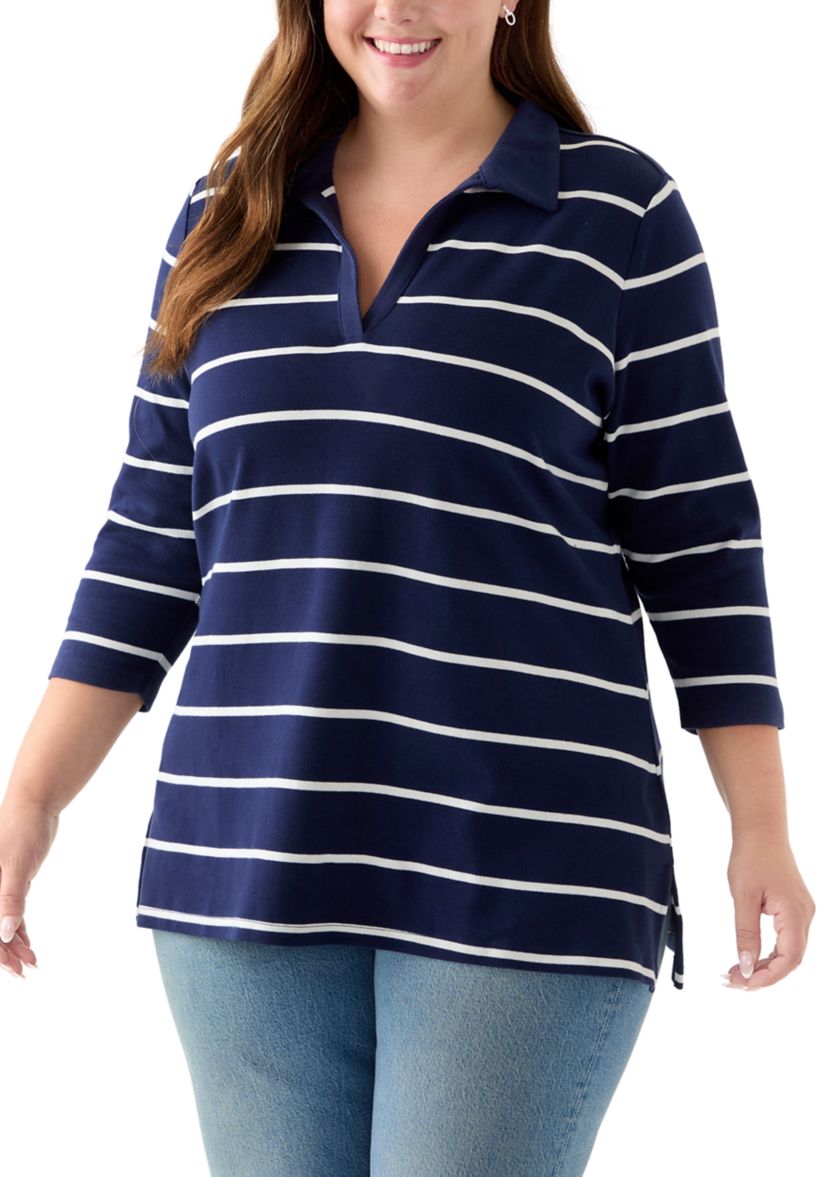 Plus Size 3/4 Sleeve Polo Yarn Dyed Stripe Tunic Shirt