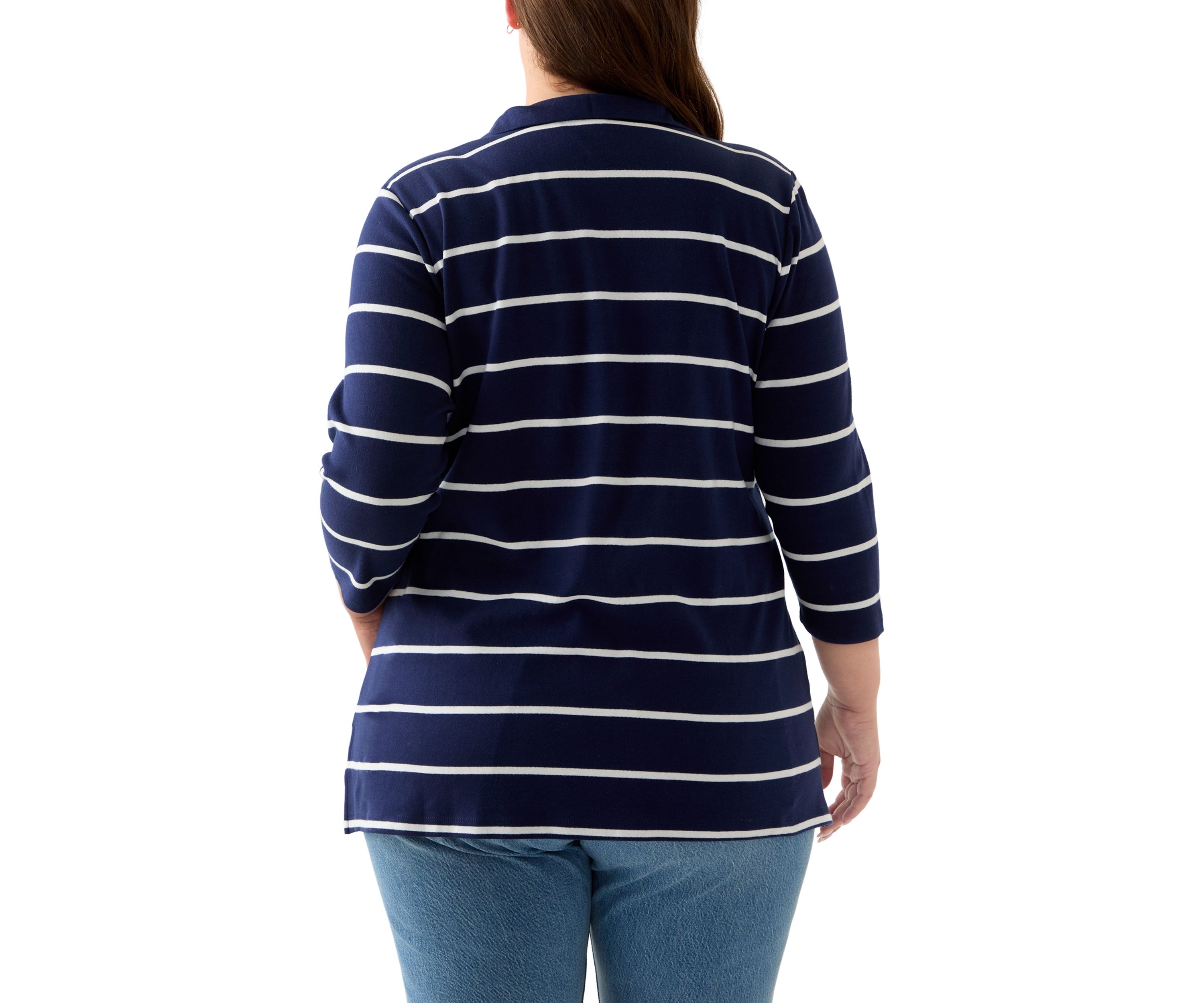 Plus Size 3/4 Sleeve Polo Yarn Dyed Stripe Tunic Shirt
