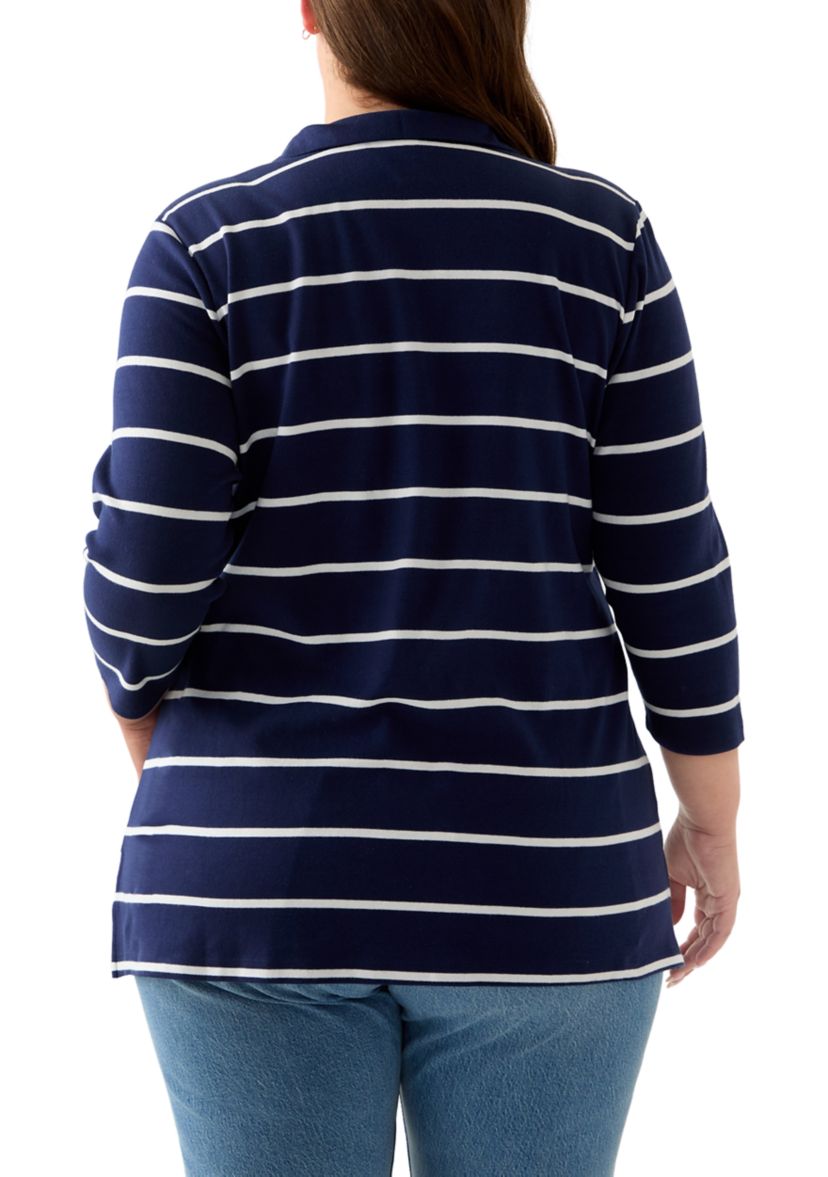 Plus Size 3/4 Sleeve Polo Yarn Dyed Stripe Tunic Shirt