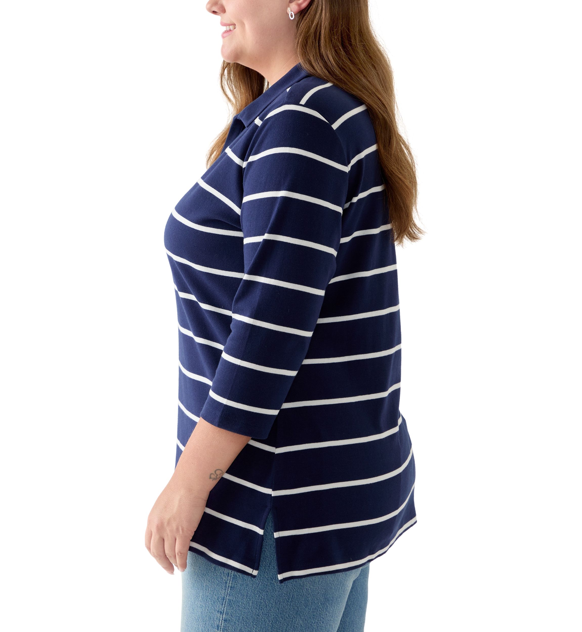 Plus Size 3/4 Sleeve Polo Yarn Dyed Stripe Tunic Shirt