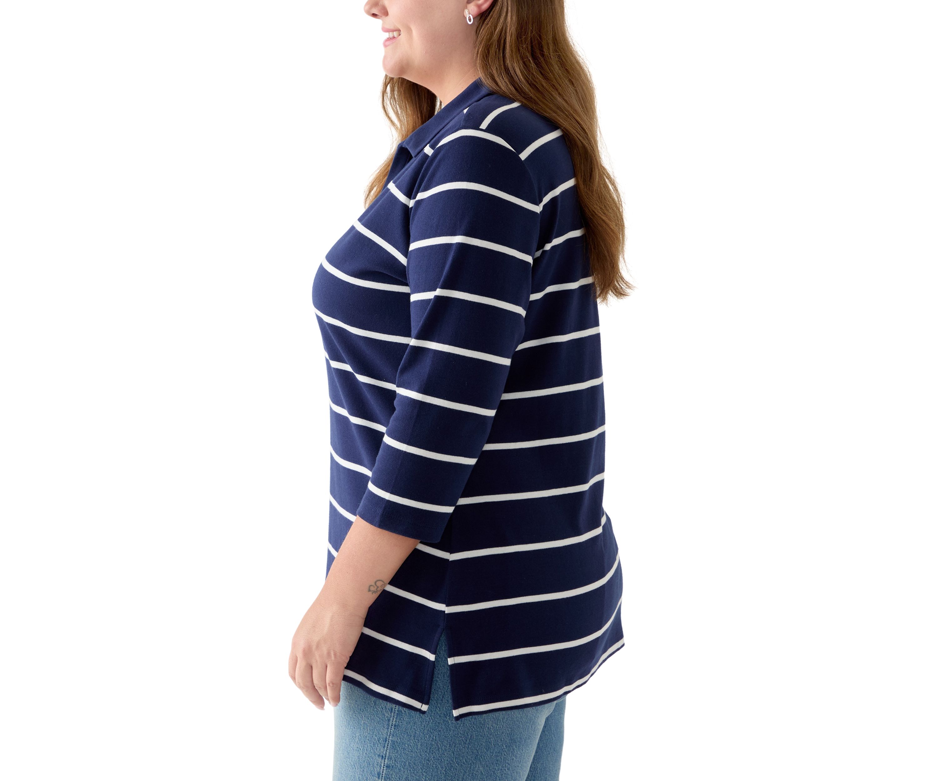 Plus Size 3/4 Sleeve Polo Yarn Dyed Stripe Tunic Shirt