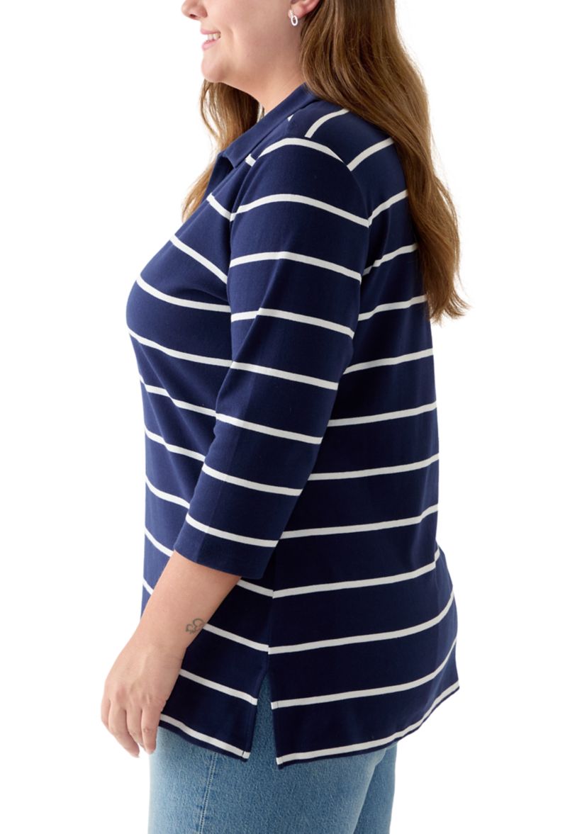 Plus Size 3/4 Sleeve Polo Yarn Dyed Stripe Tunic Shirt