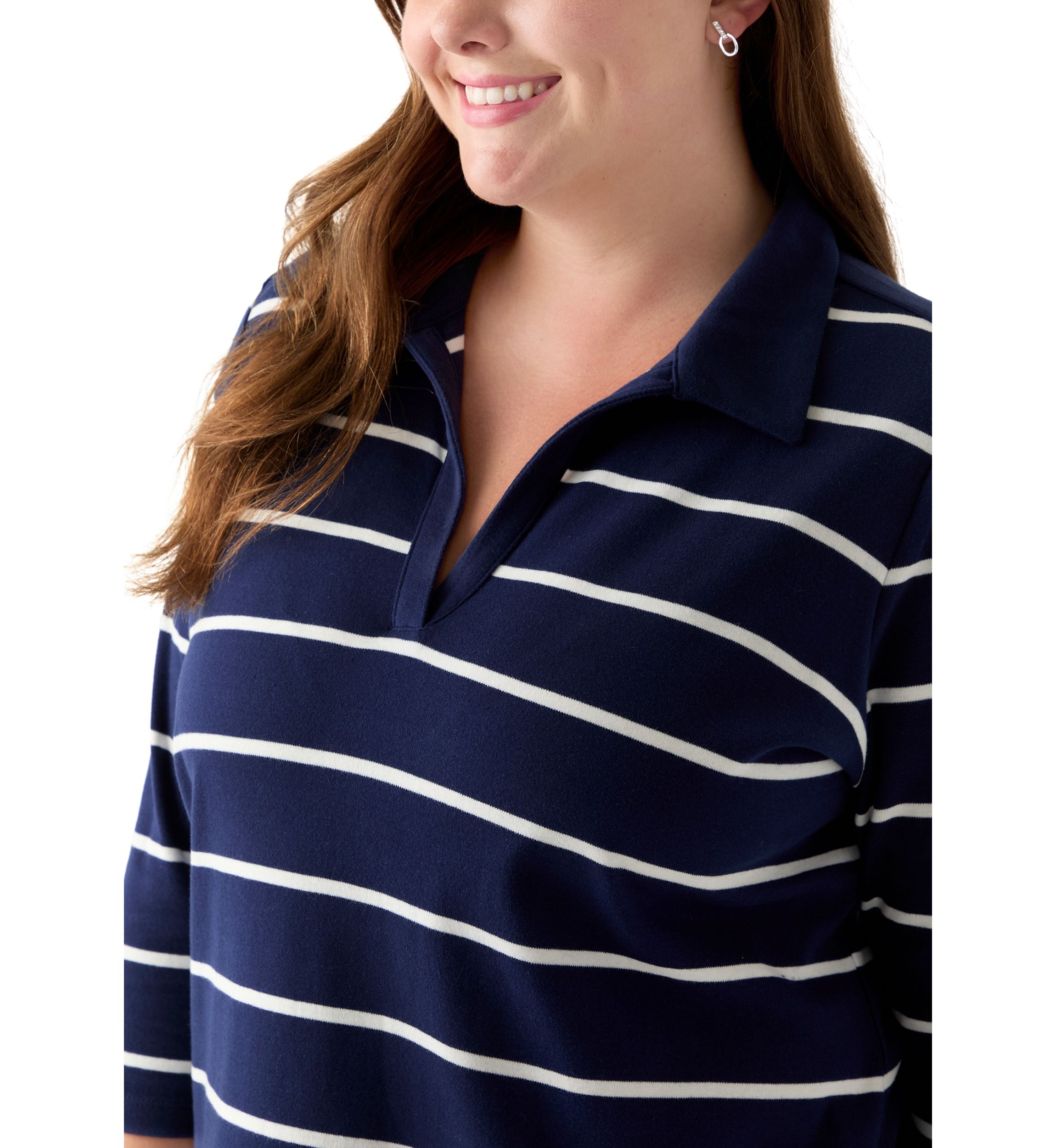 Plus Size 3/4 Sleeve Polo Yarn Dyed Stripe Tunic Shirt