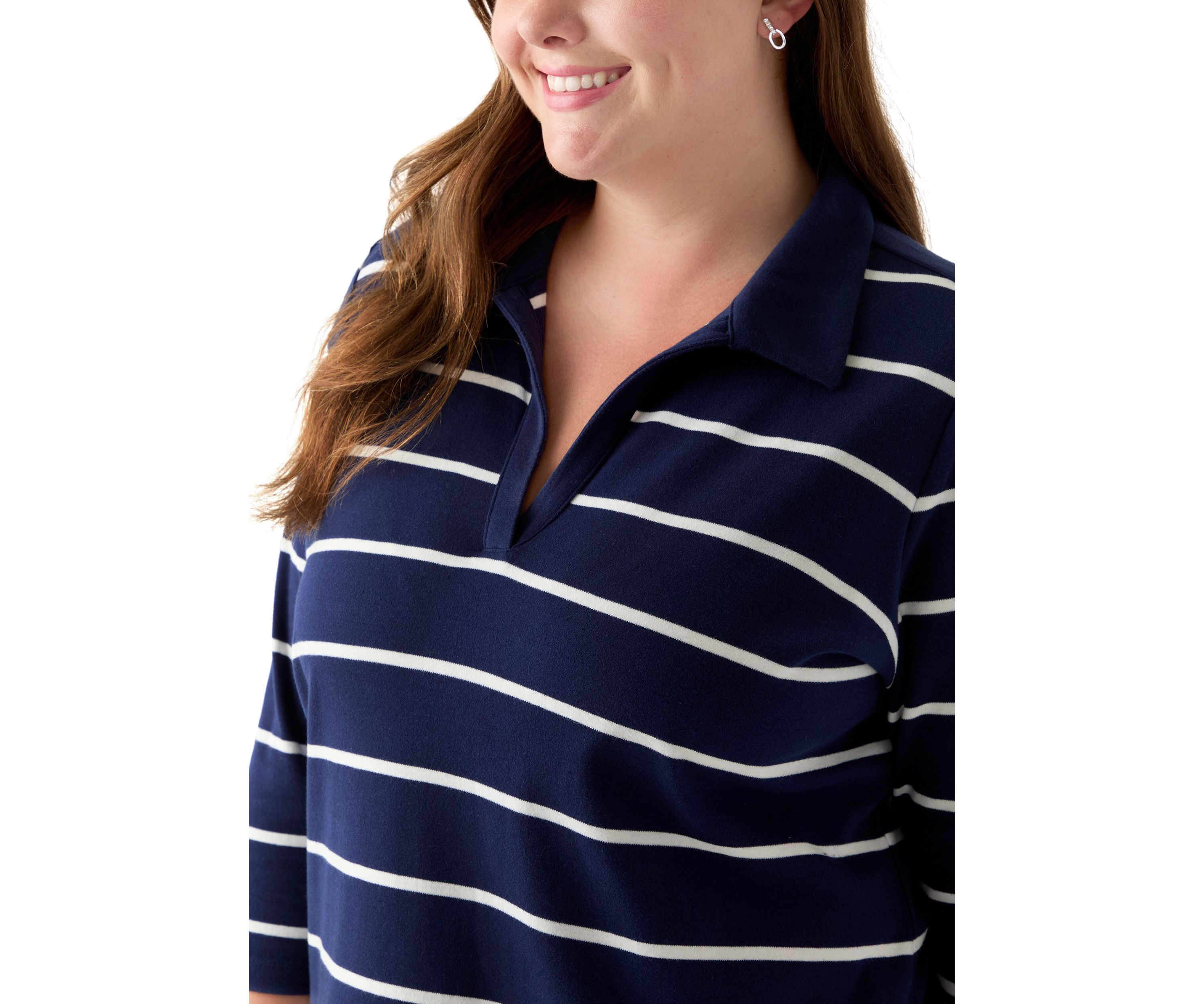 Plus Size 3/4 Sleeve Polo Yarn Dyed Stripe Tunic Shirt