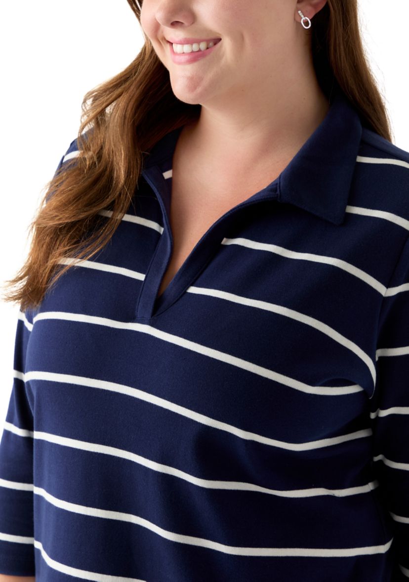 Plus Size 3/4 Sleeve Polo Yarn Dyed Stripe Tunic Shirt