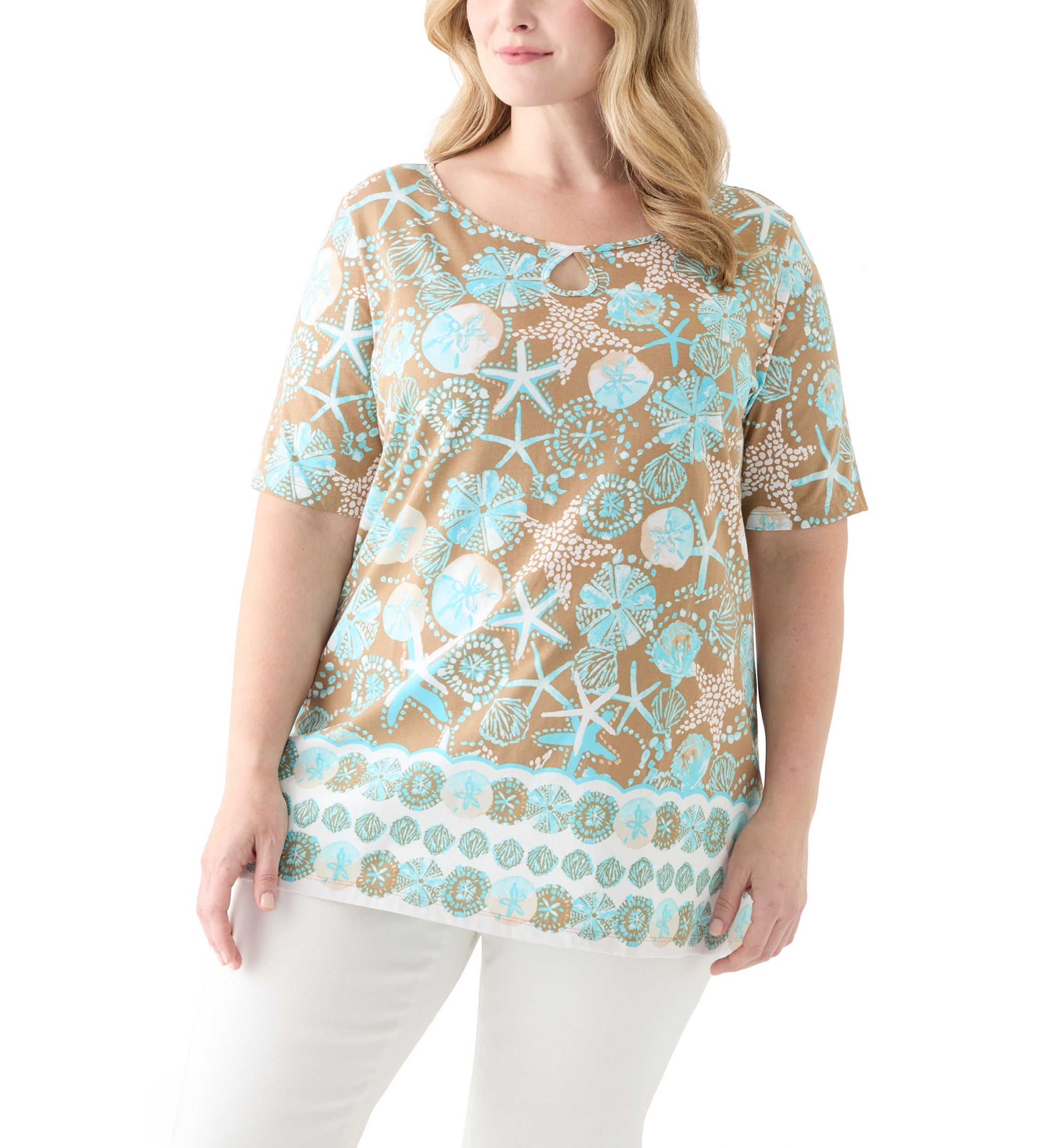 Plus Size Keyhole Border Printed Top