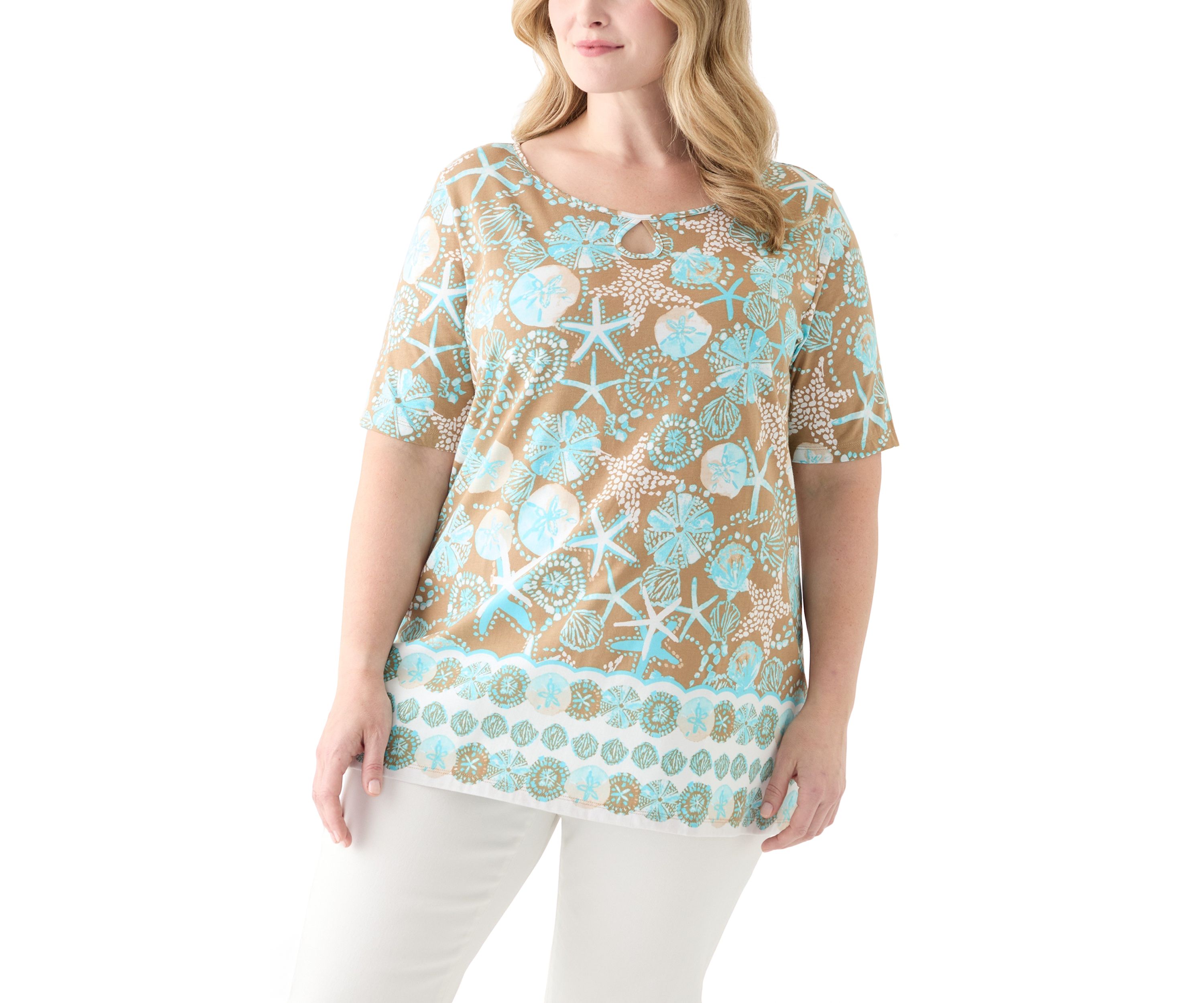 Plus Size Keyhole Border Printed Top