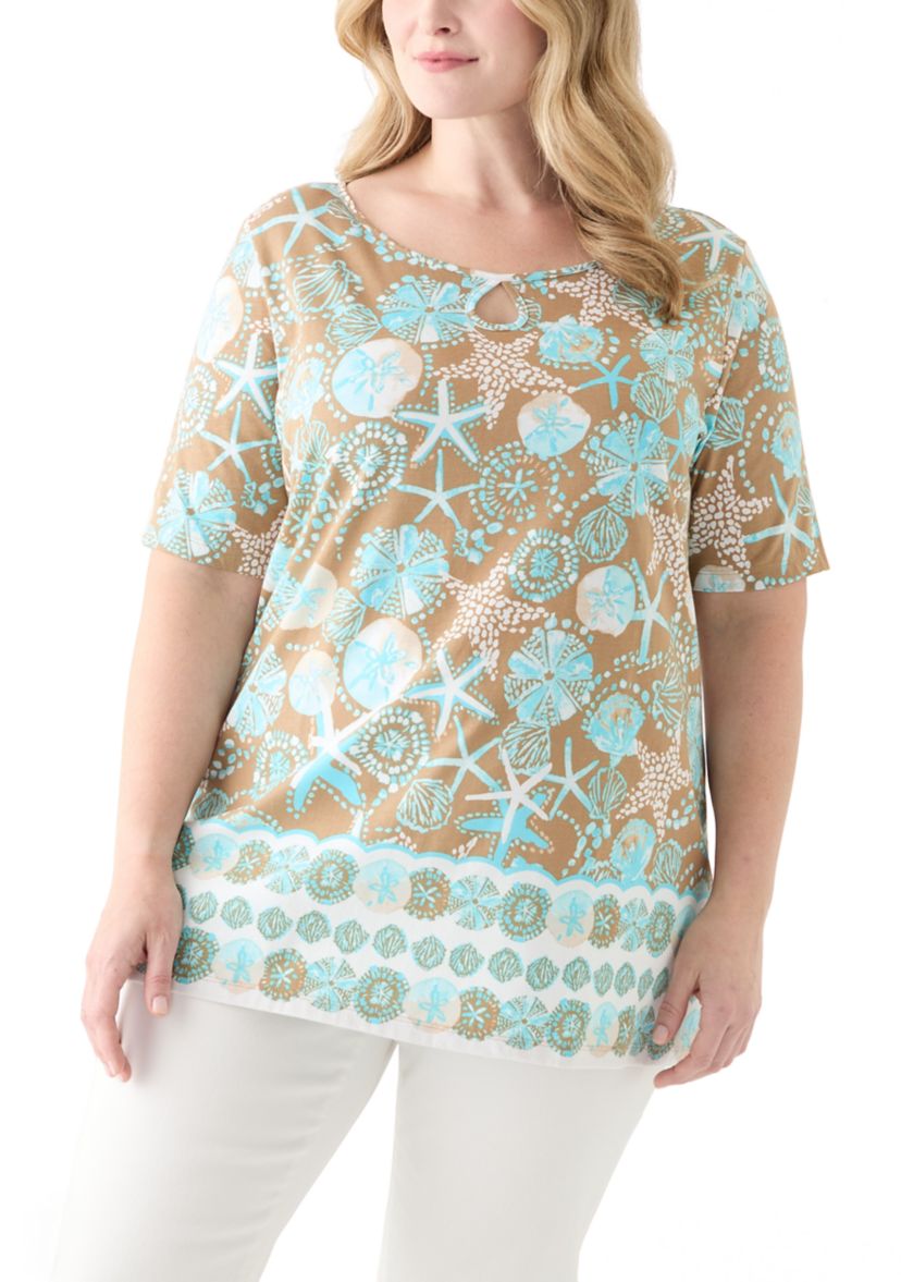 Plus Size Keyhole Border Printed Top