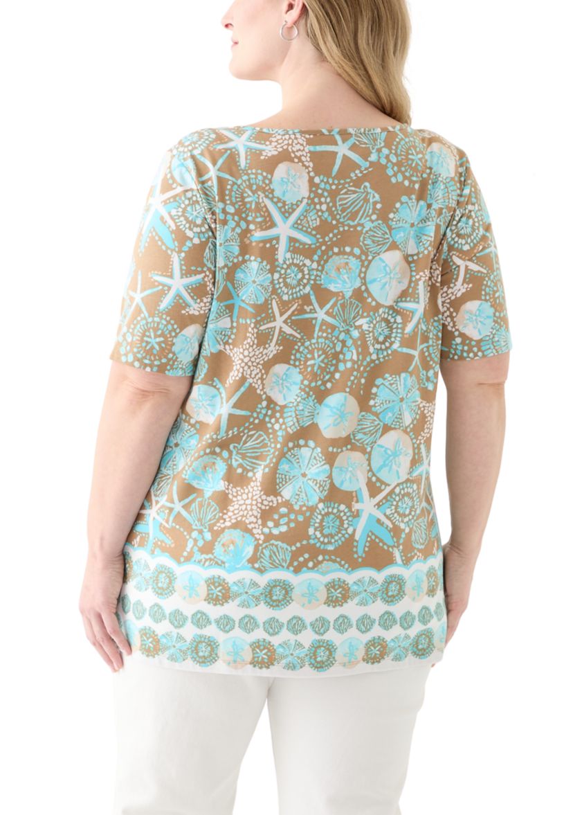 Plus Size Keyhole Border Printed Top