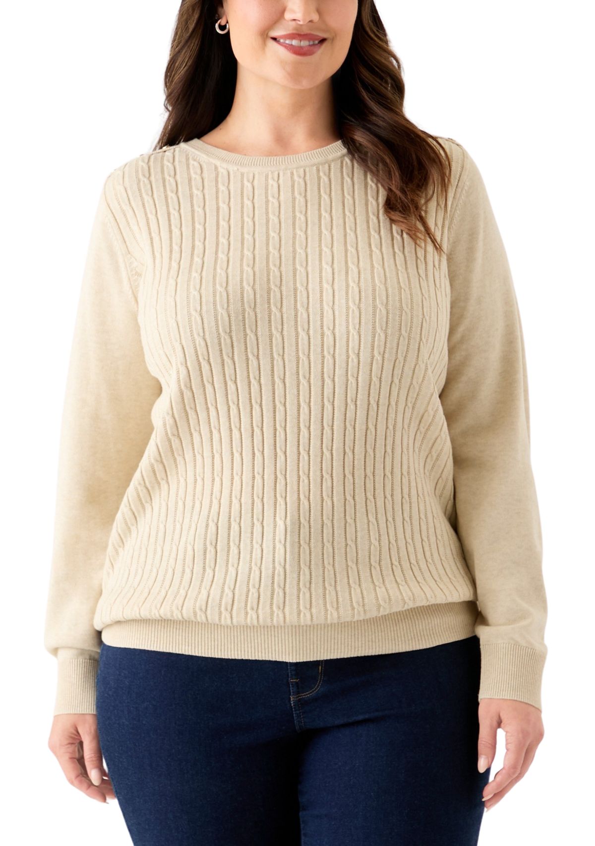 Plus Size Long Sleeve Cable Crew Sweater