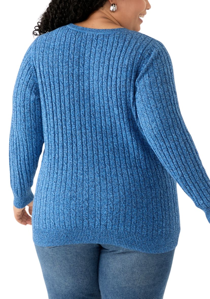 Plus Size Long Sleeve Cable Knit Crew Neck Marl Sweater