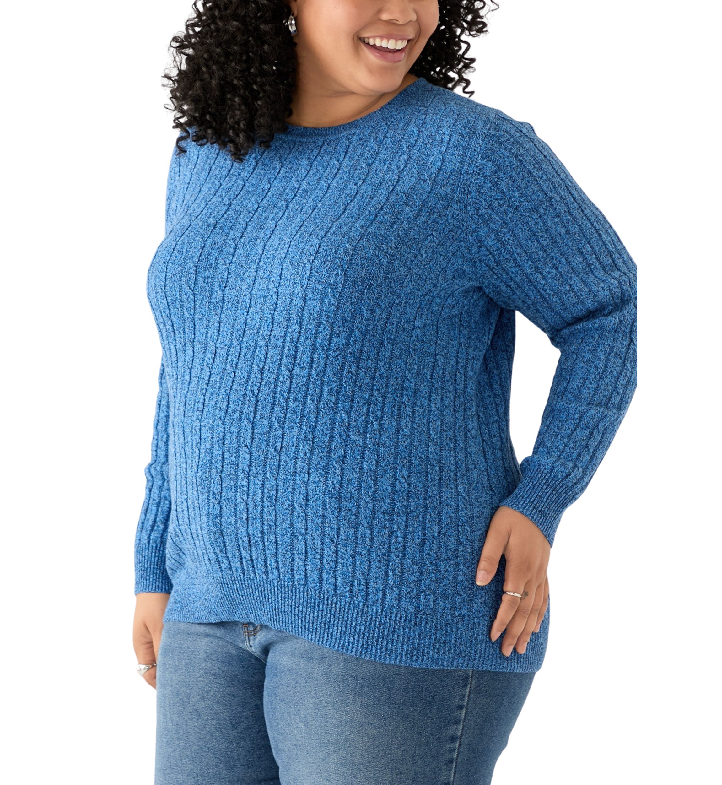 Plus Size Long Sleeve Cable Knit Crew Neck Marl Sweater