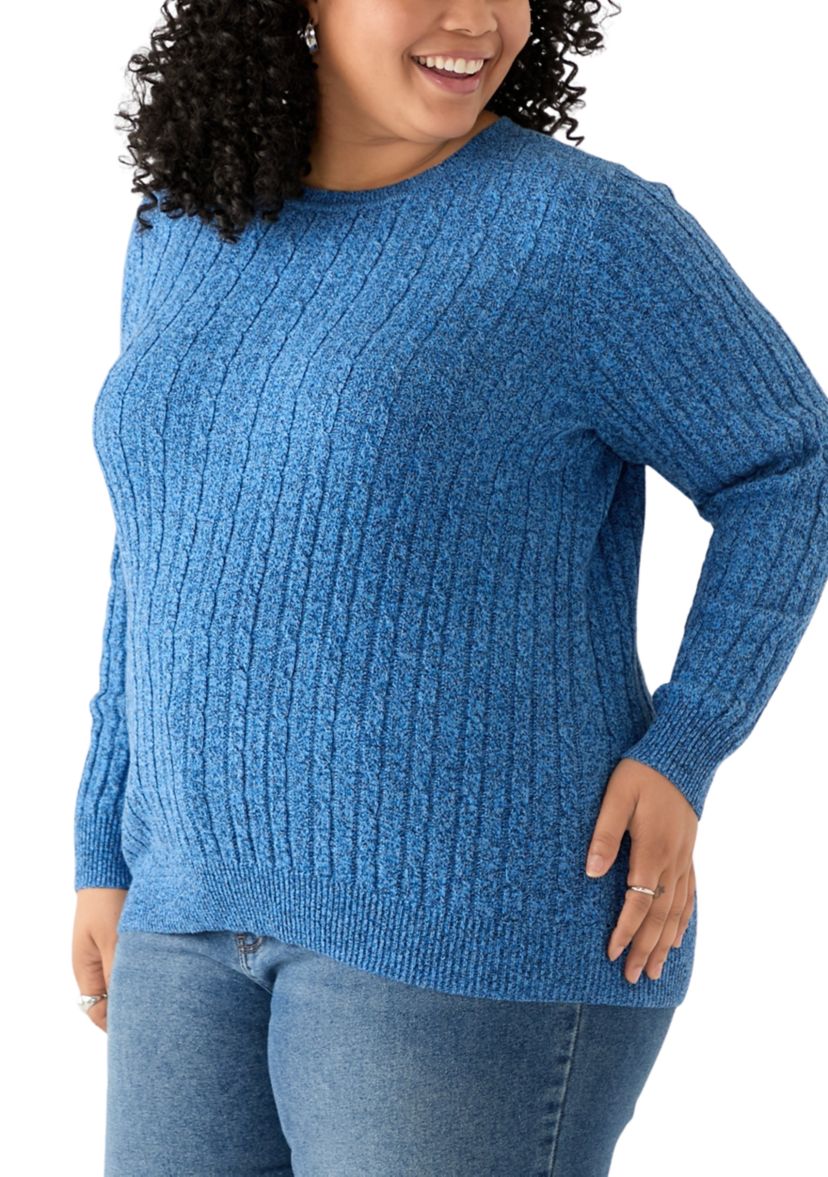 Plus Size Long Sleeve Cable Knit Crew Neck Marl Sweater