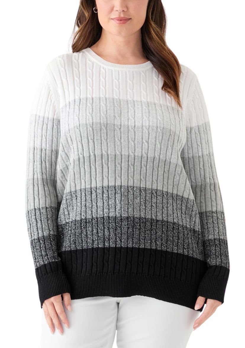 Plus Size Cable Crew Color Block Sweater 