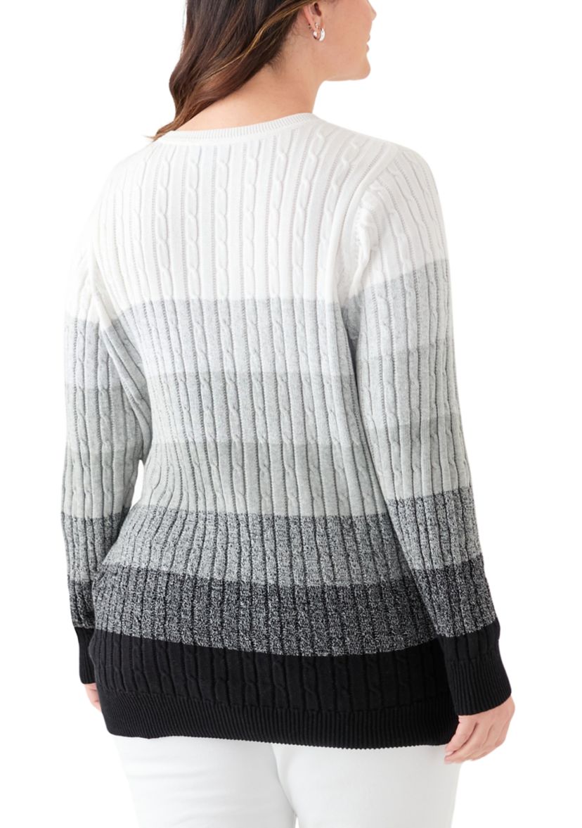 Plus Size Cable Crew Color Block Sweater 