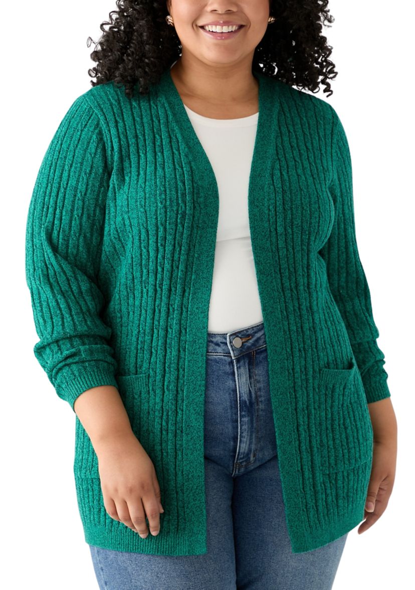 Plus Size Long Sleeve Cable Knit Marl Cardigan