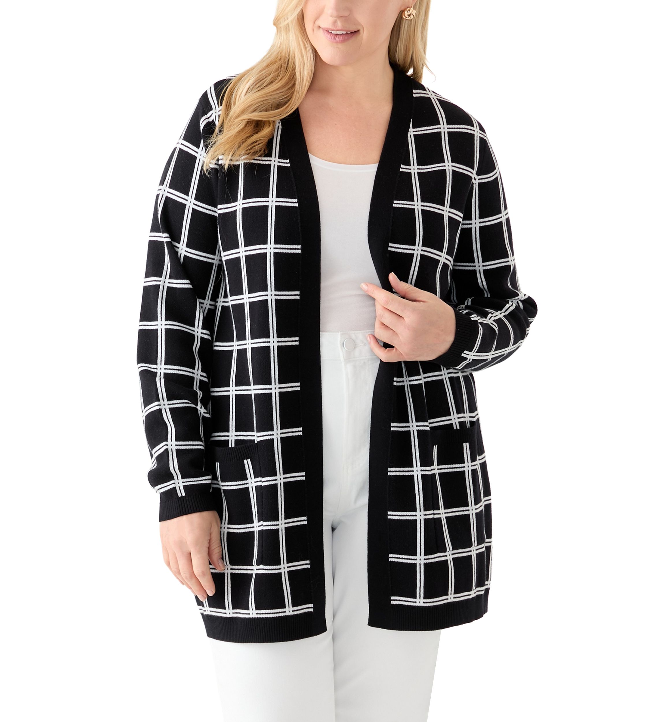 Plus Size Long Sleeve Jacquard Windowpane Cardigan
