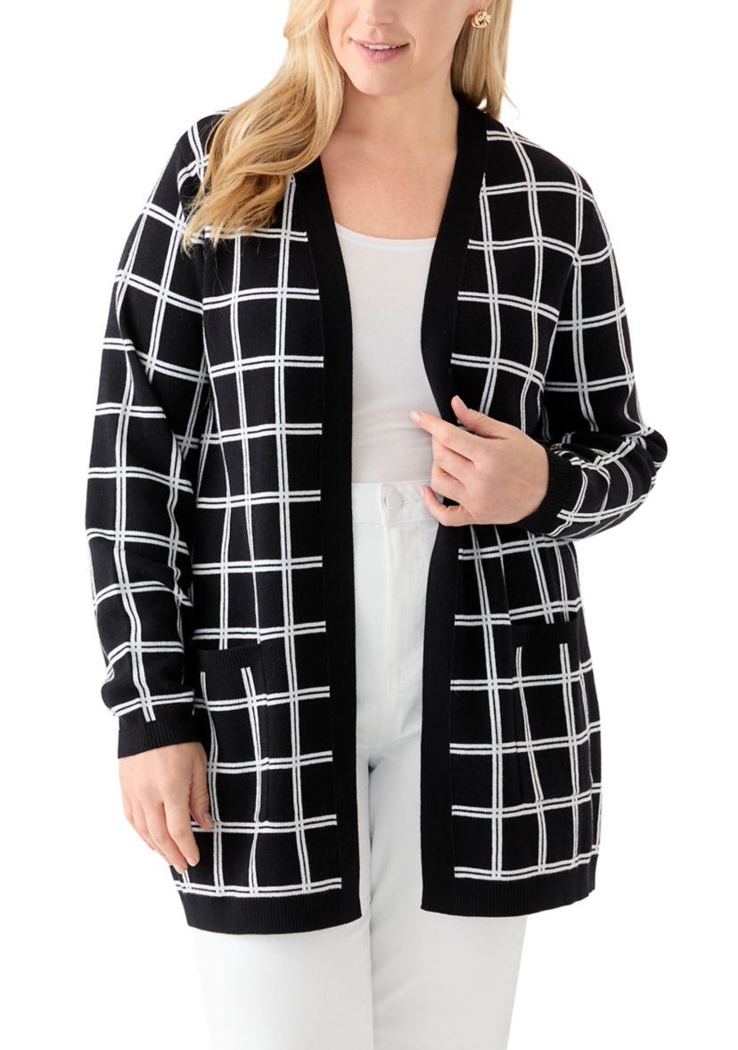 Plus Size Long Sleeve Jacquard Windowpane Cardigan