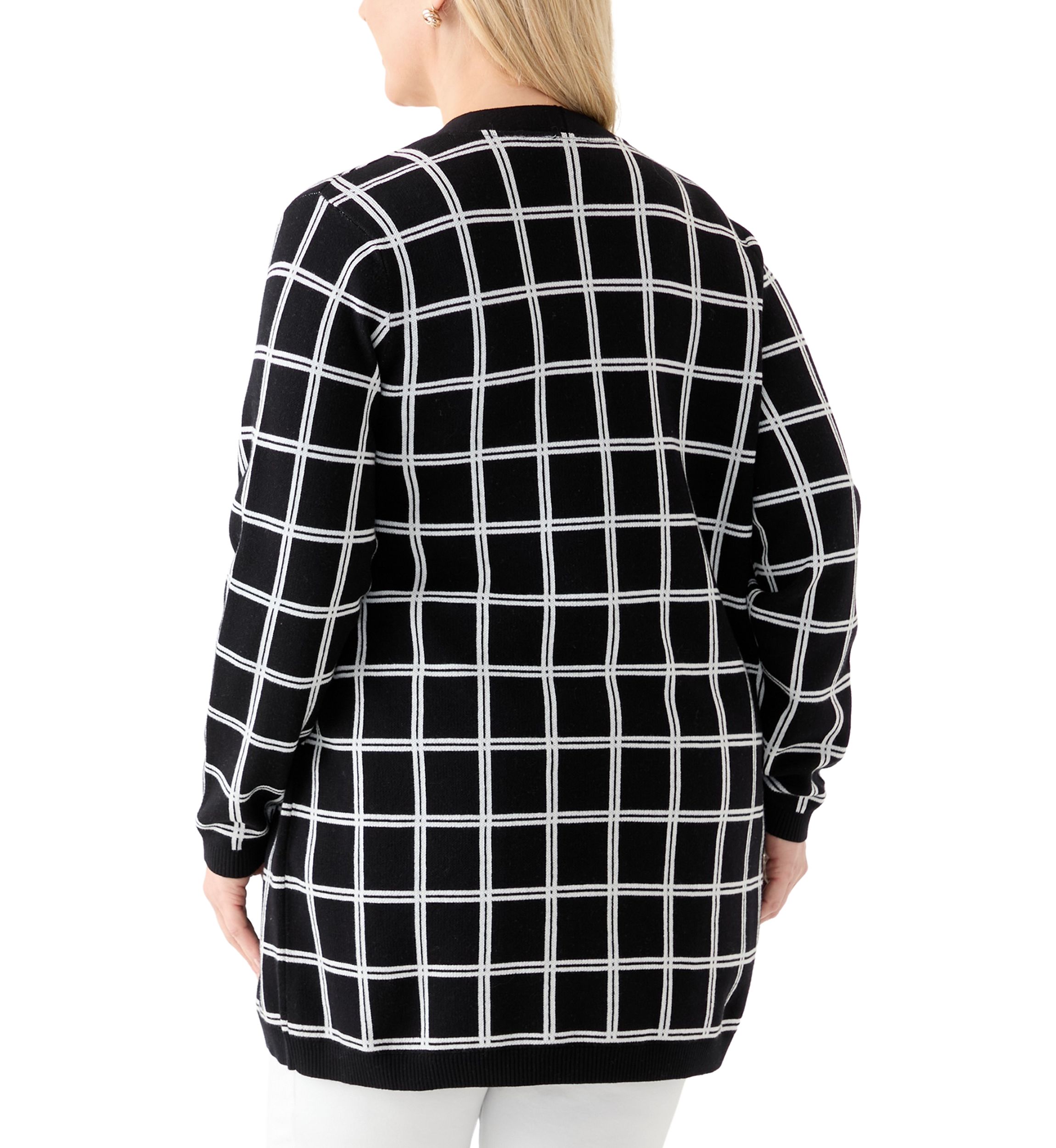 Plus Size Long Sleeve Jacquard Windowpane Cardigan
