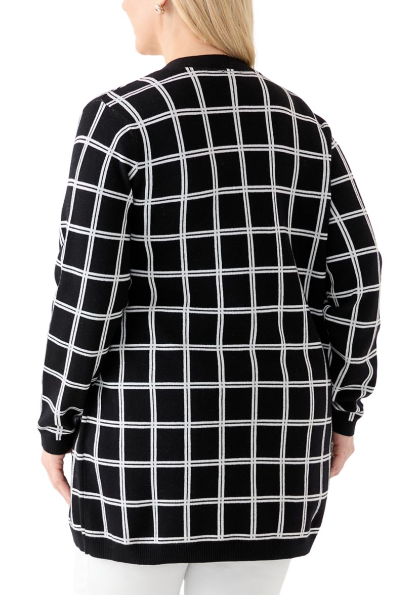 Plus Size Long Sleeve Jacquard Windowpane Cardigan