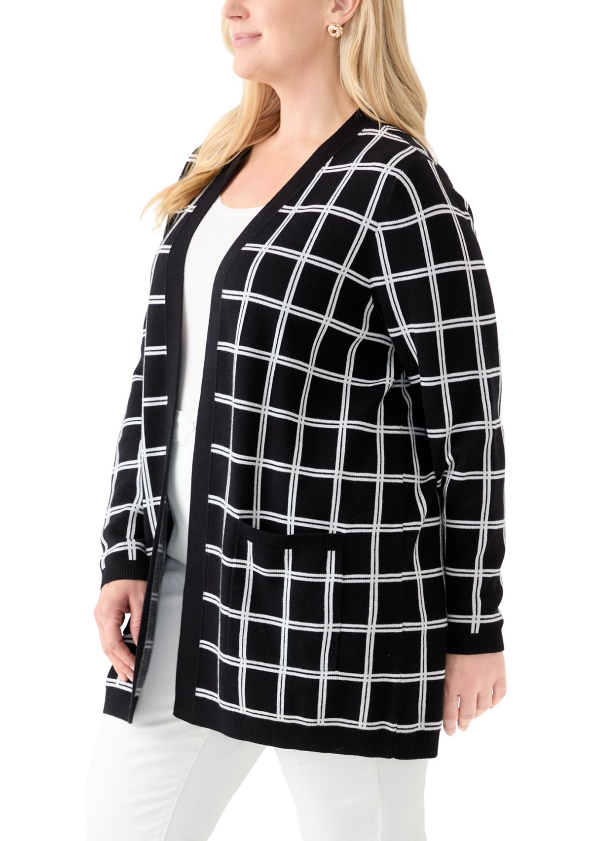 Plus Size Long Sleeve Jacquard Windowpane Cardigan