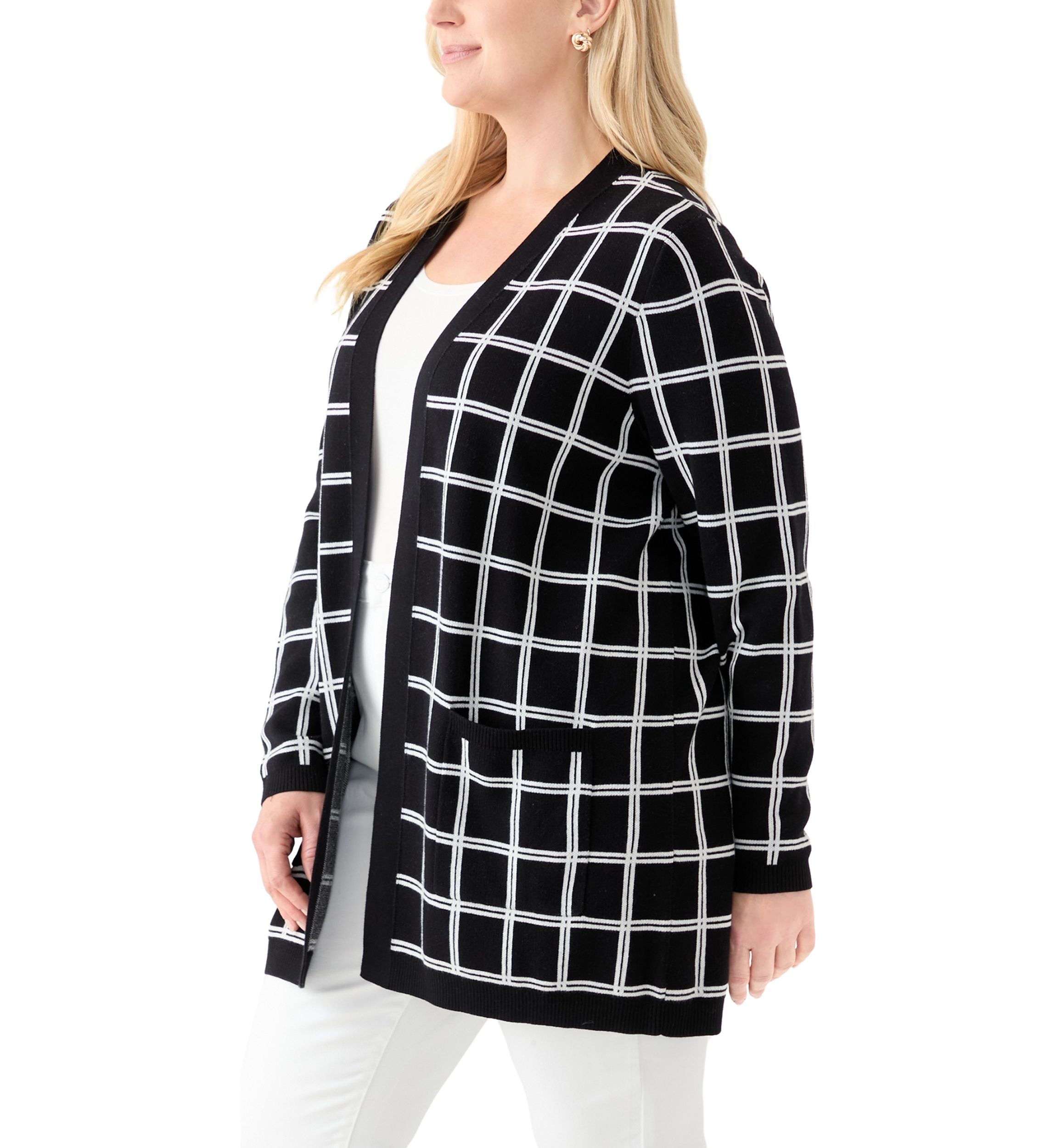 Plus Size Long Sleeve Jacquard Windowpane Cardigan