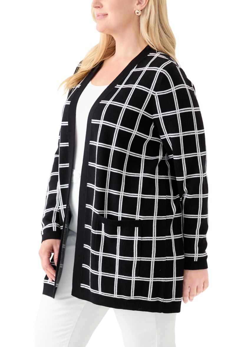 Plus Size Long Sleeve Jacquard Windowpane Cardigan