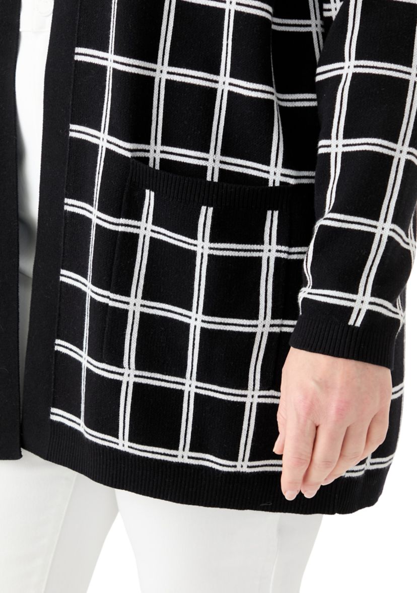 Plus Size Long Sleeve Jacquard Windowpane Cardigan