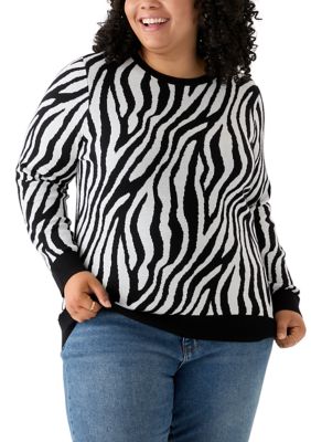 Kim Rogers Women's Plus Size Long Sleeve Crew Neck Zebra Print Jacquard Sweater, Black, 3X