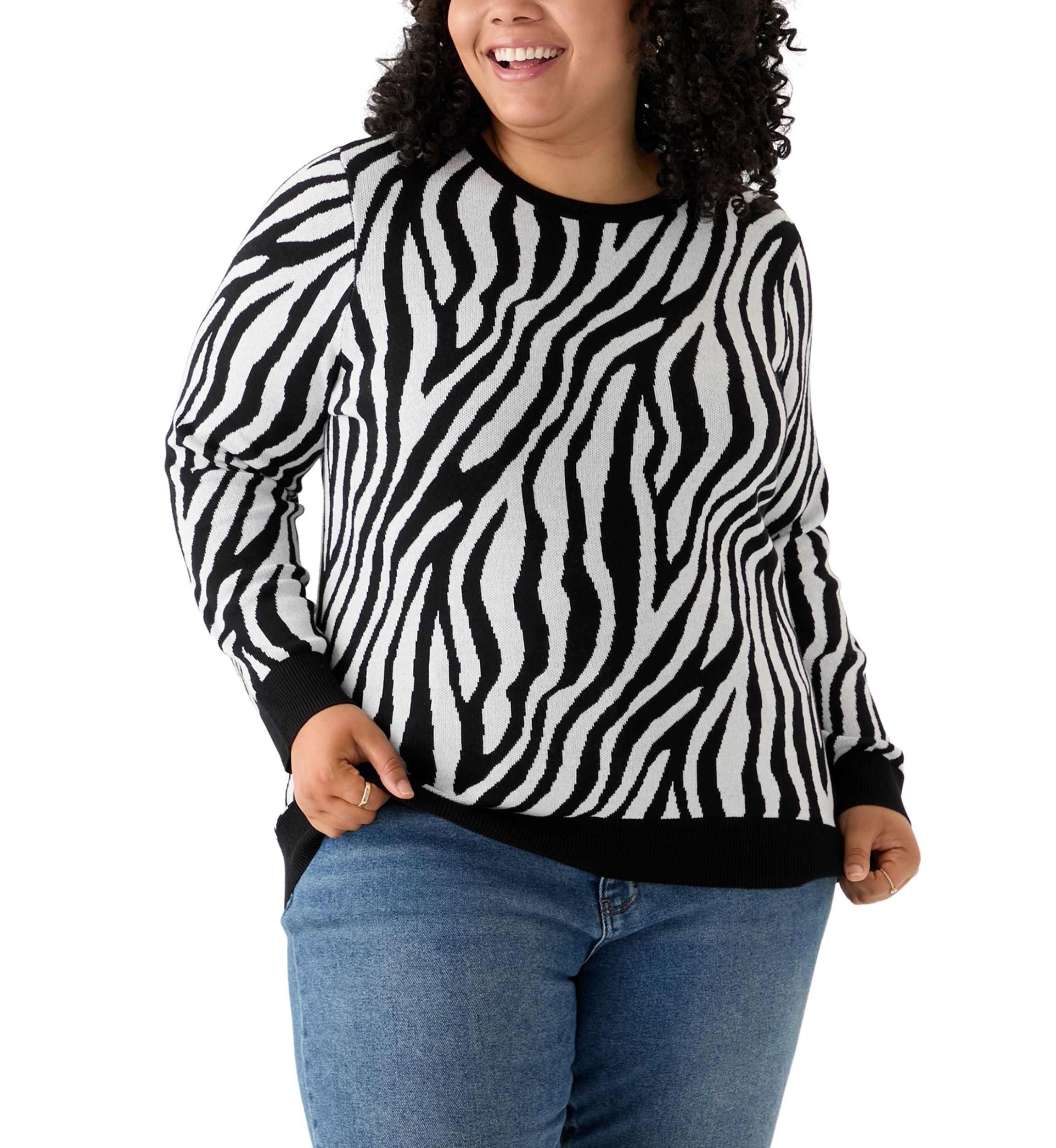 Plus Size Long Sleeve Crew Neck Zebra Print Jacquard Sweater