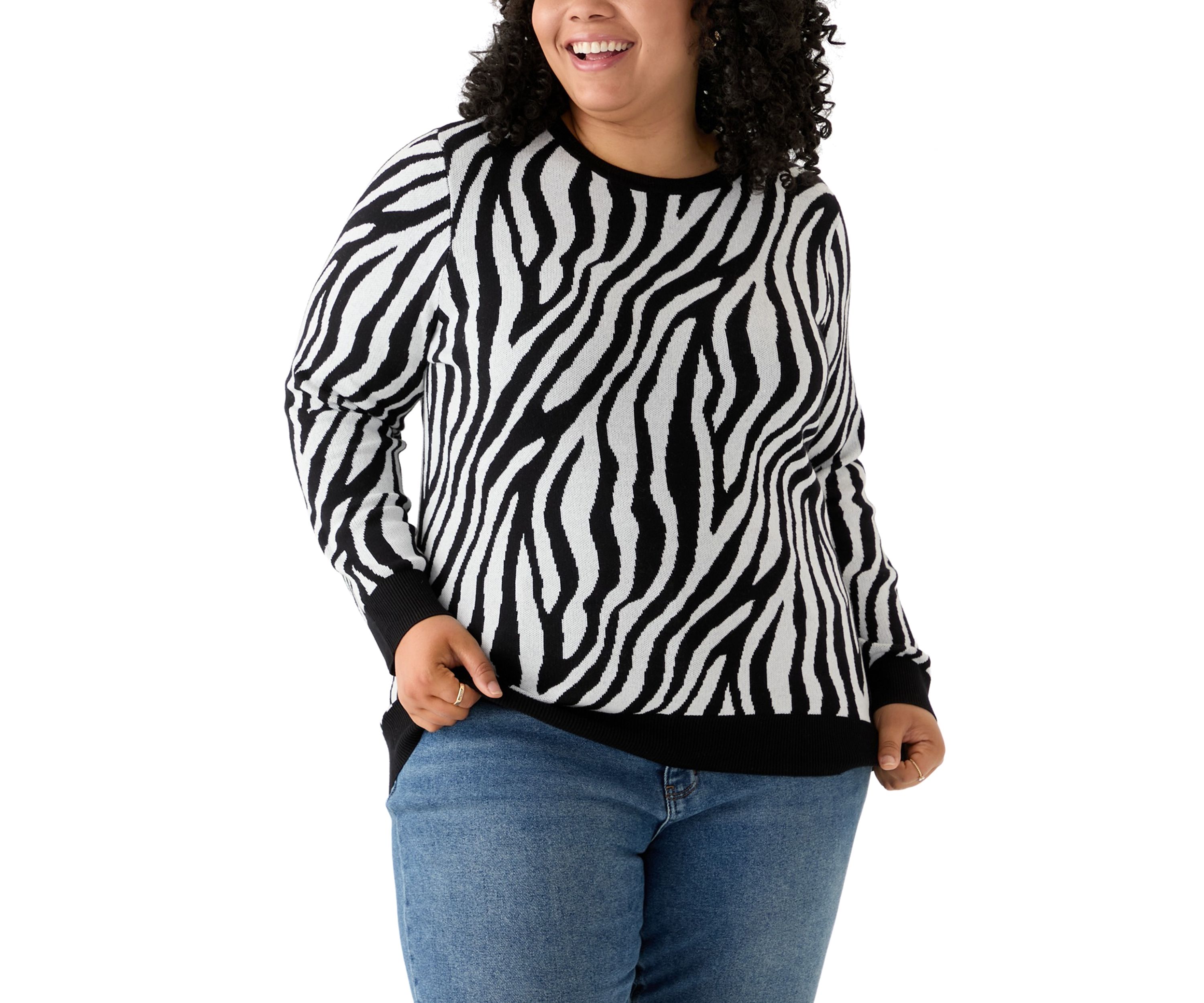Plus Size Long Sleeve Crew Neck Zebra Print Jacquard Sweater