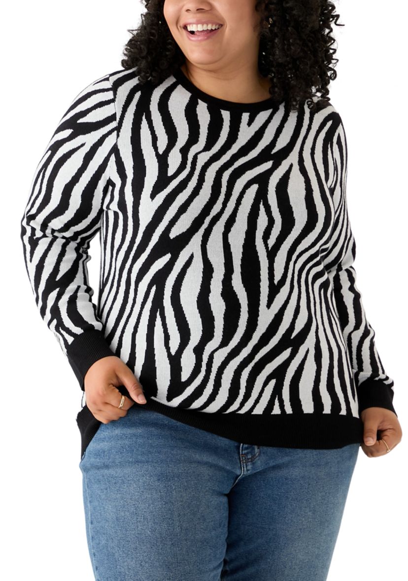 Plus Size Long Sleeve Crew Neck Zebra Print Jacquard Sweater
