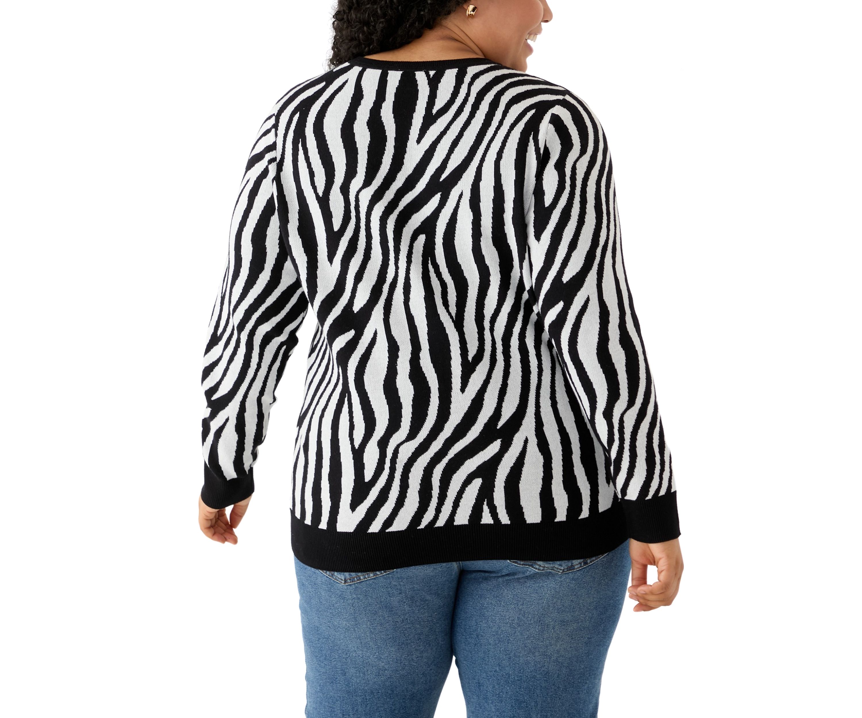 Plus Size Long Sleeve Crew Neck Zebra Print Jacquard Sweater