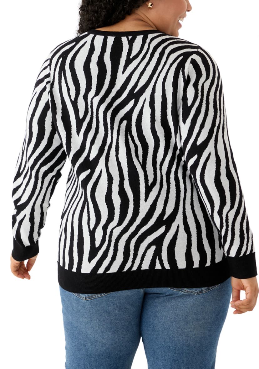 Plus Size Long Sleeve Crew Neck Zebra Print Jacquard Sweater