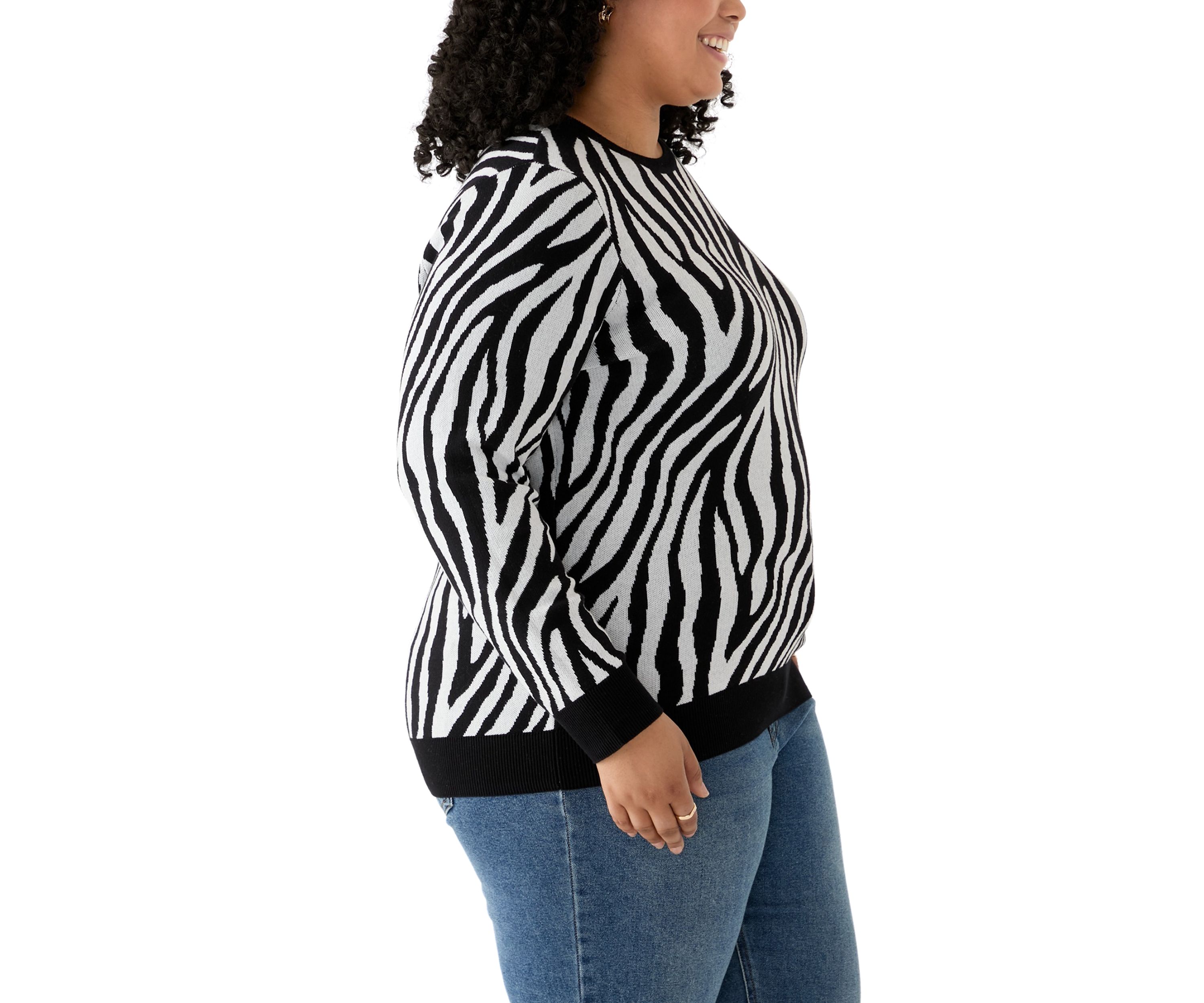 Plus Size Long Sleeve Crew Neck Zebra Print Jacquard Sweater
