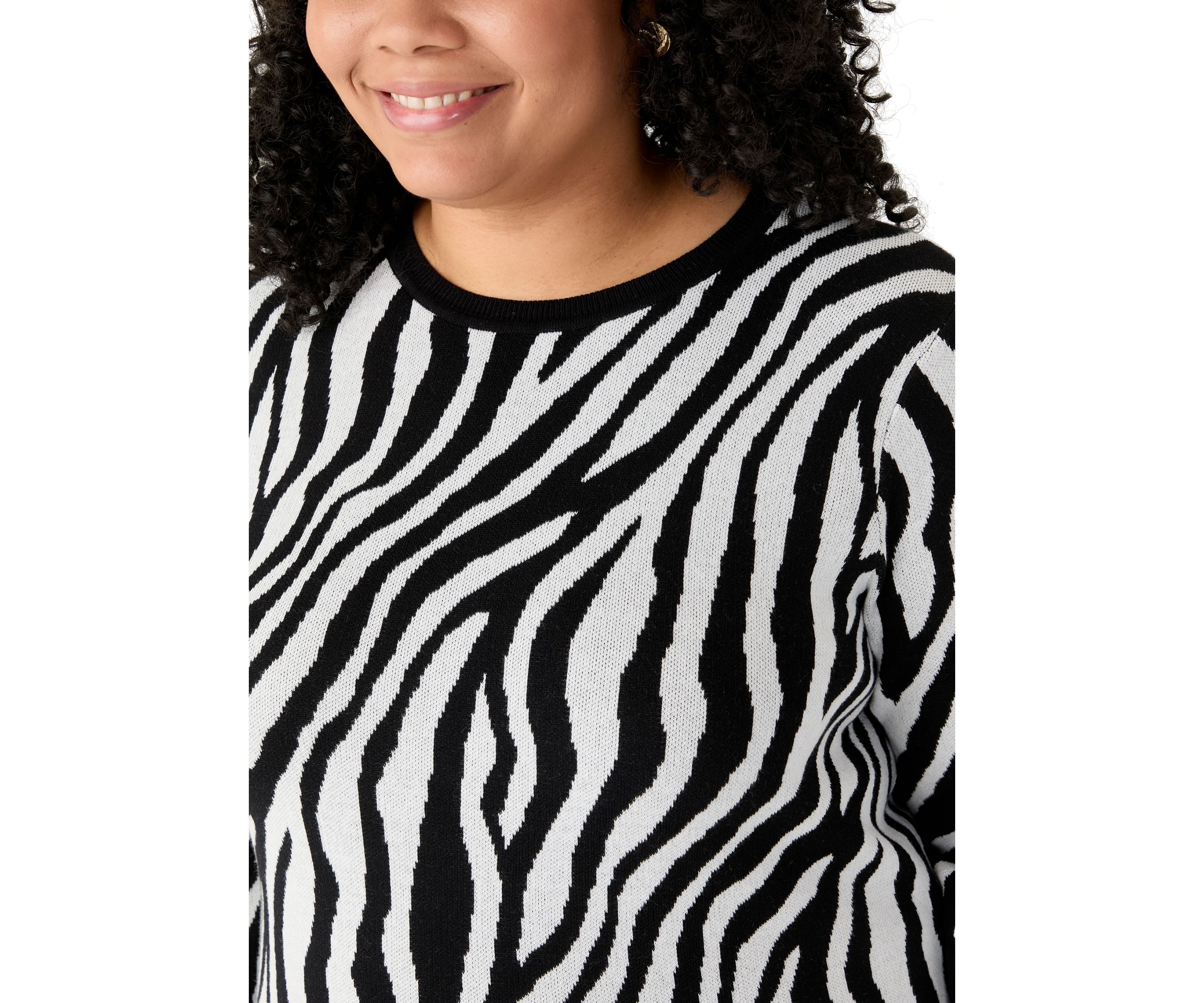 Plus Size Long Sleeve Crew Neck Zebra Print Jacquard Sweater