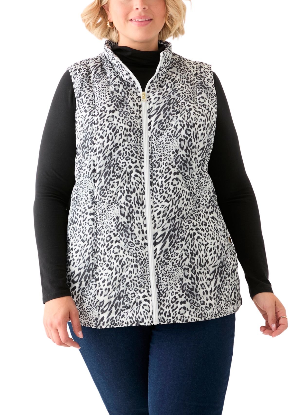 Plus Size Side Rib Printed Quilted Vest 