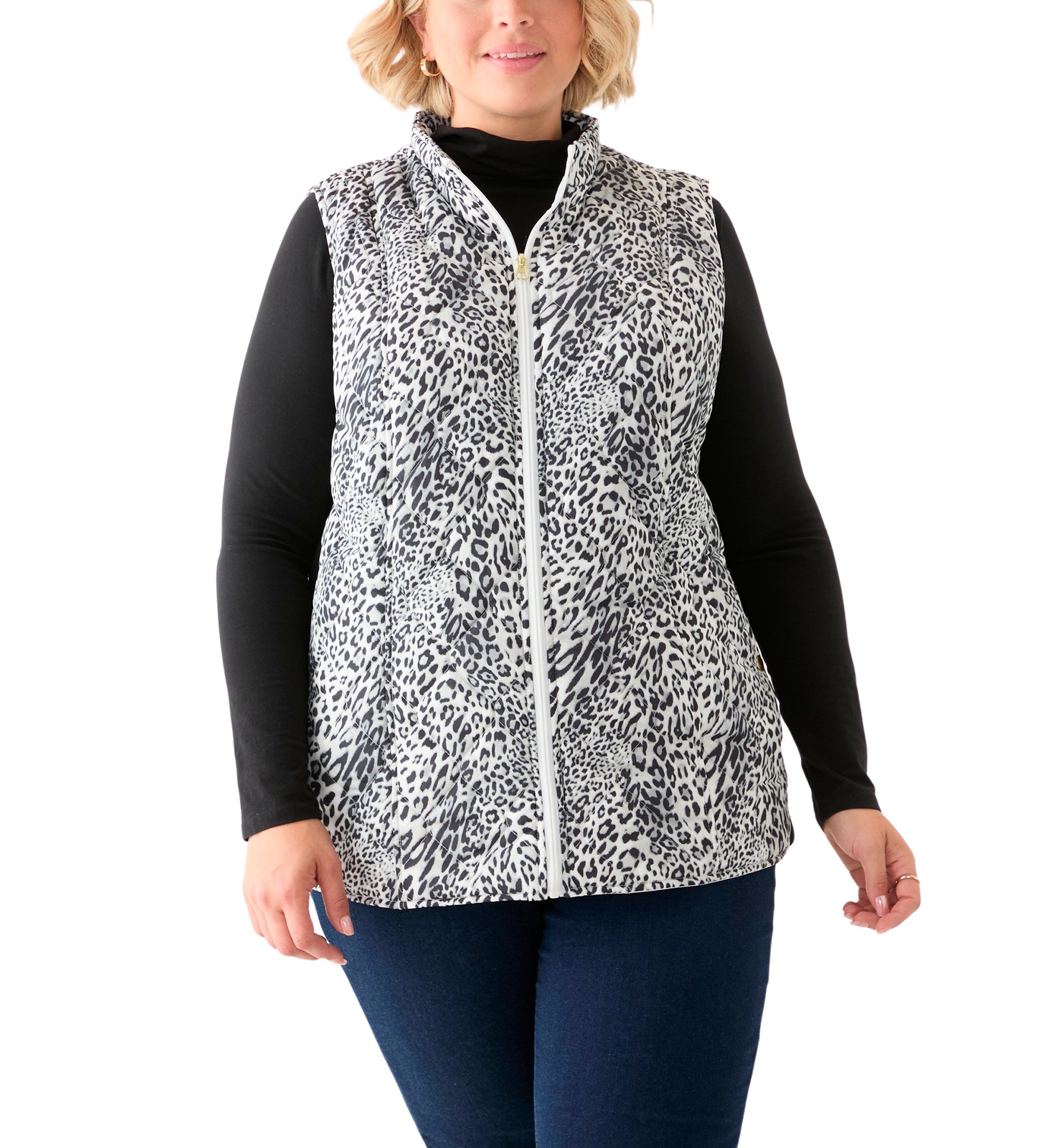 Plus Size Side Rib Printed Quilted Vest 