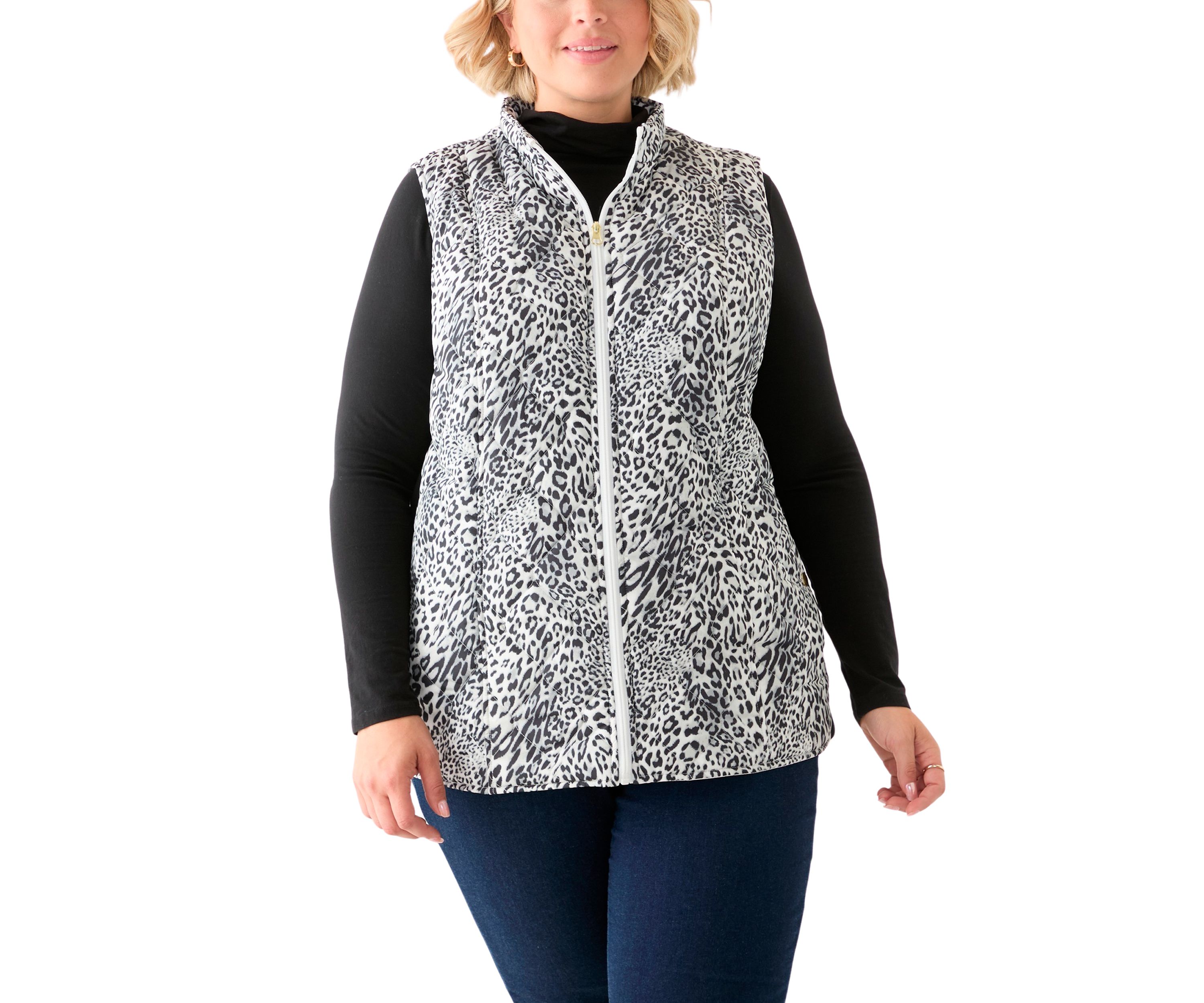 Plus Size Side Rib Printed Quilted Vest 