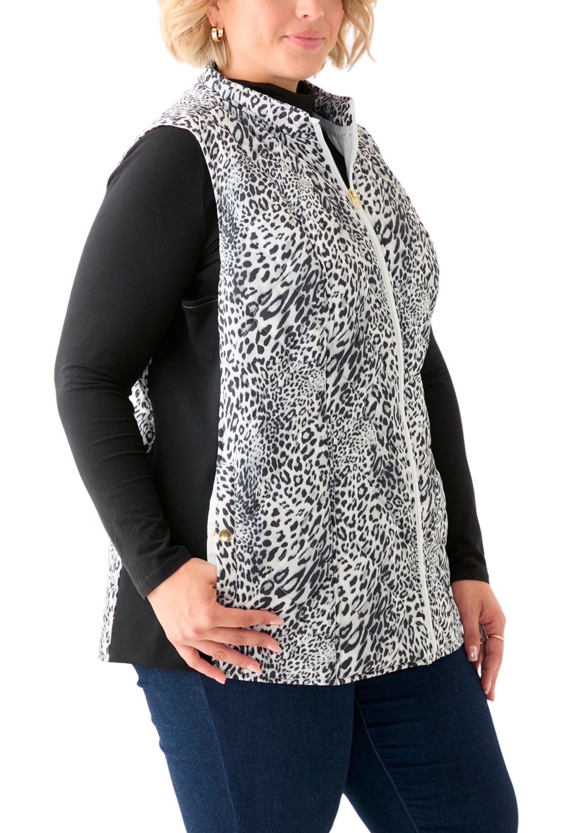 Plus Size Side Rib Printed Quilted Vest 
