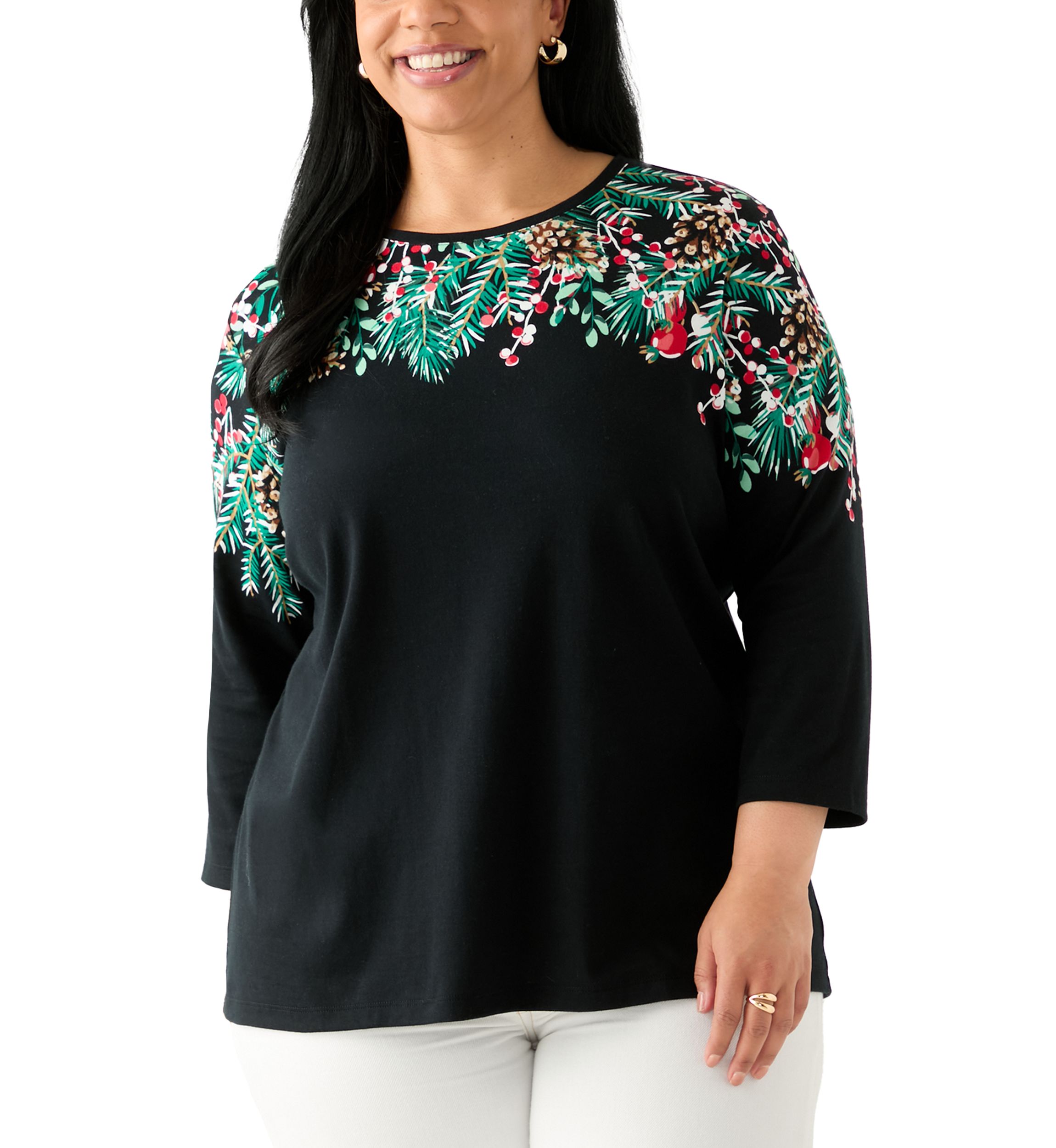 Plus Size Three-Quarter Sleeve Crew Neck Placement Print Top