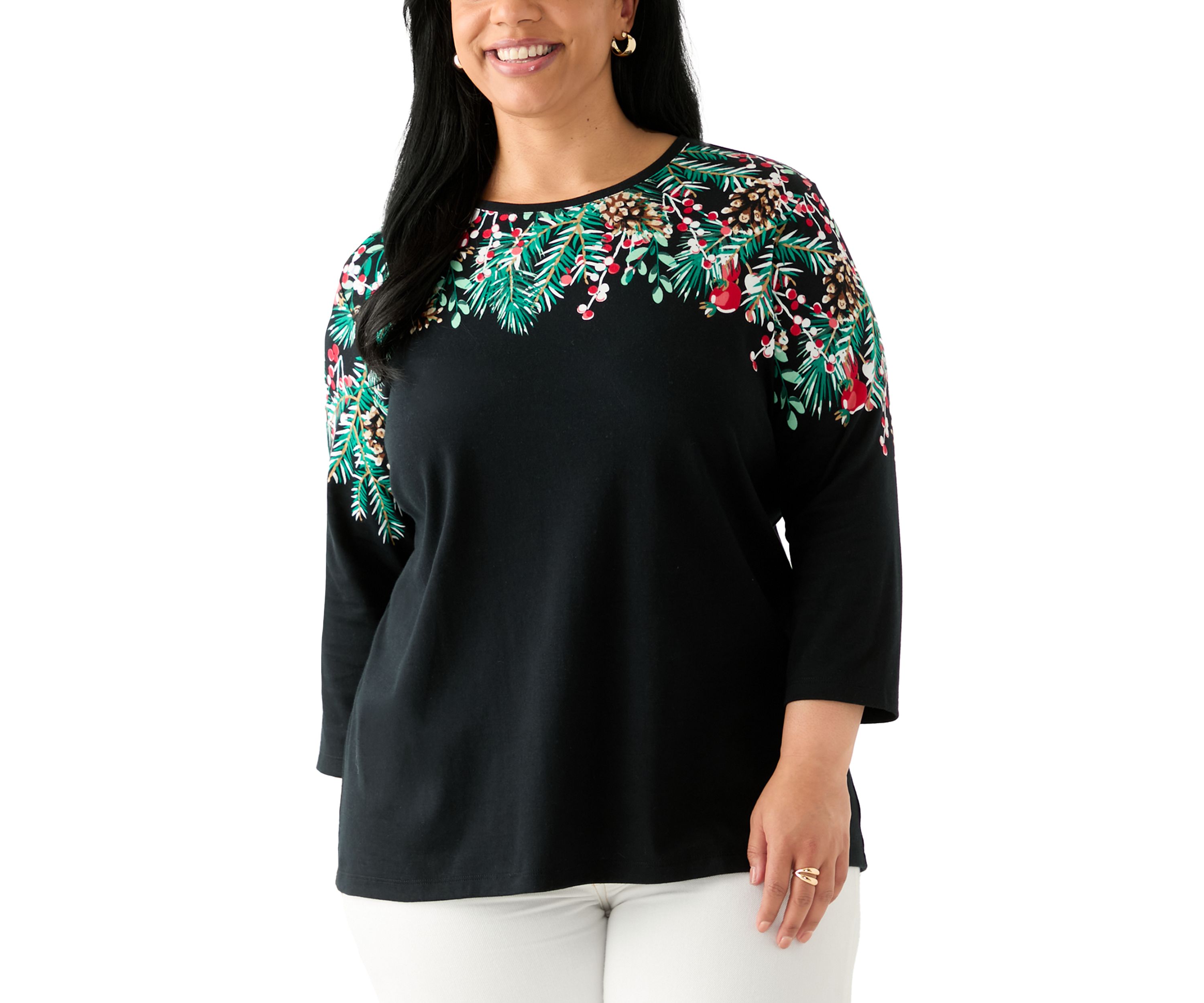 Plus Size Three-Quarter Sleeve Crew Neck Placement Print Top