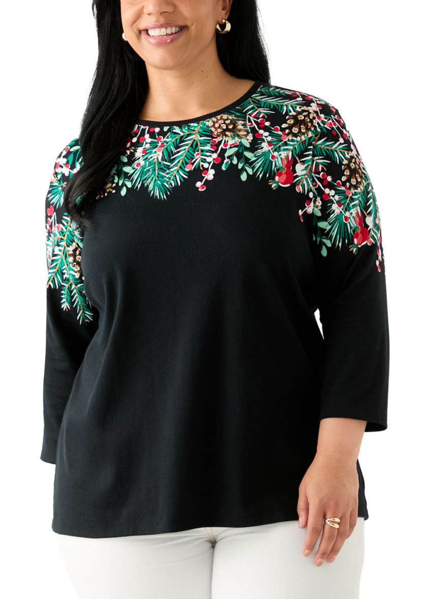 Plus Size Three-Quarter Sleeve Crew Neck Placement Print Top